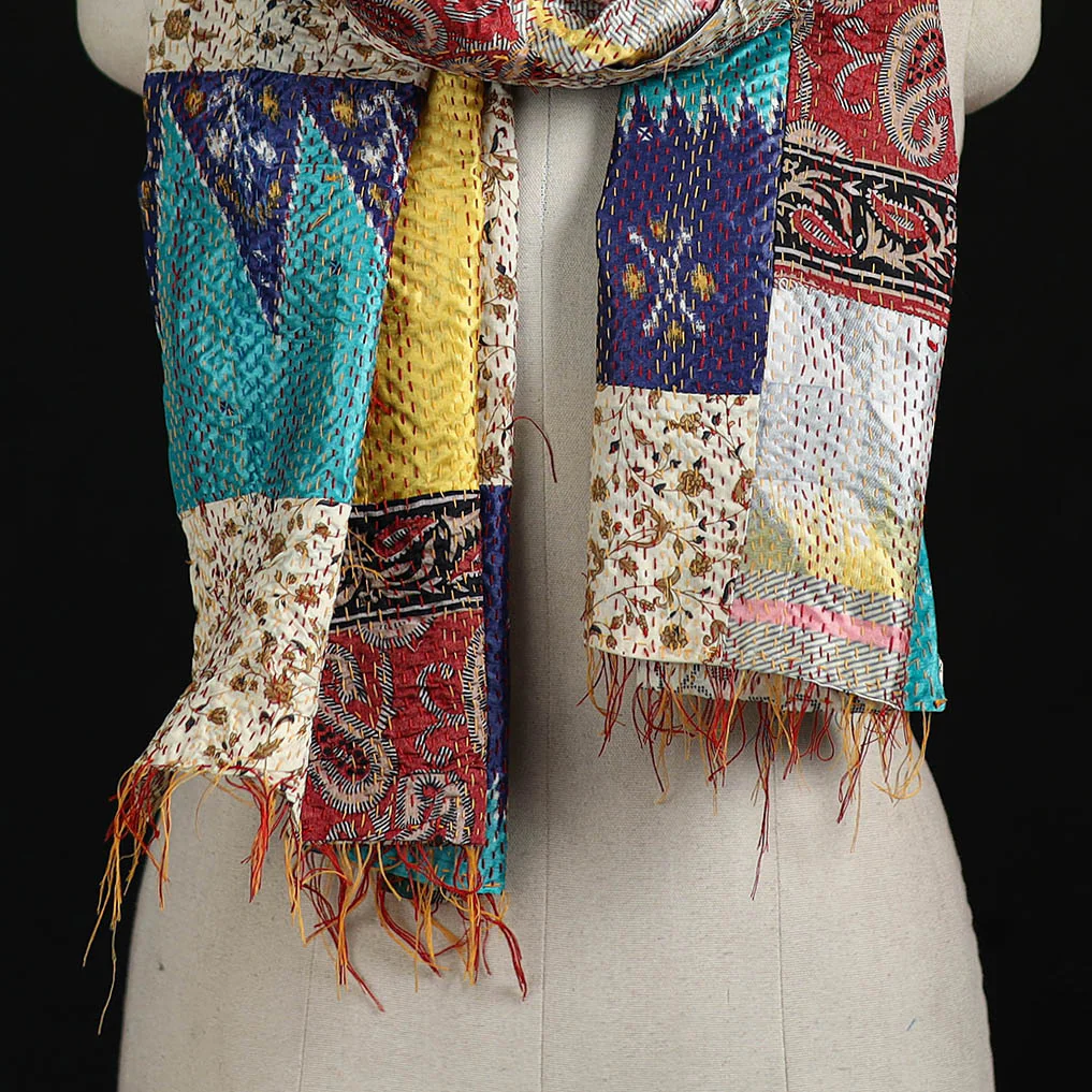 Bengal Kantha Handwork Patchwork Reversible Silk Stole 85 - Image 2