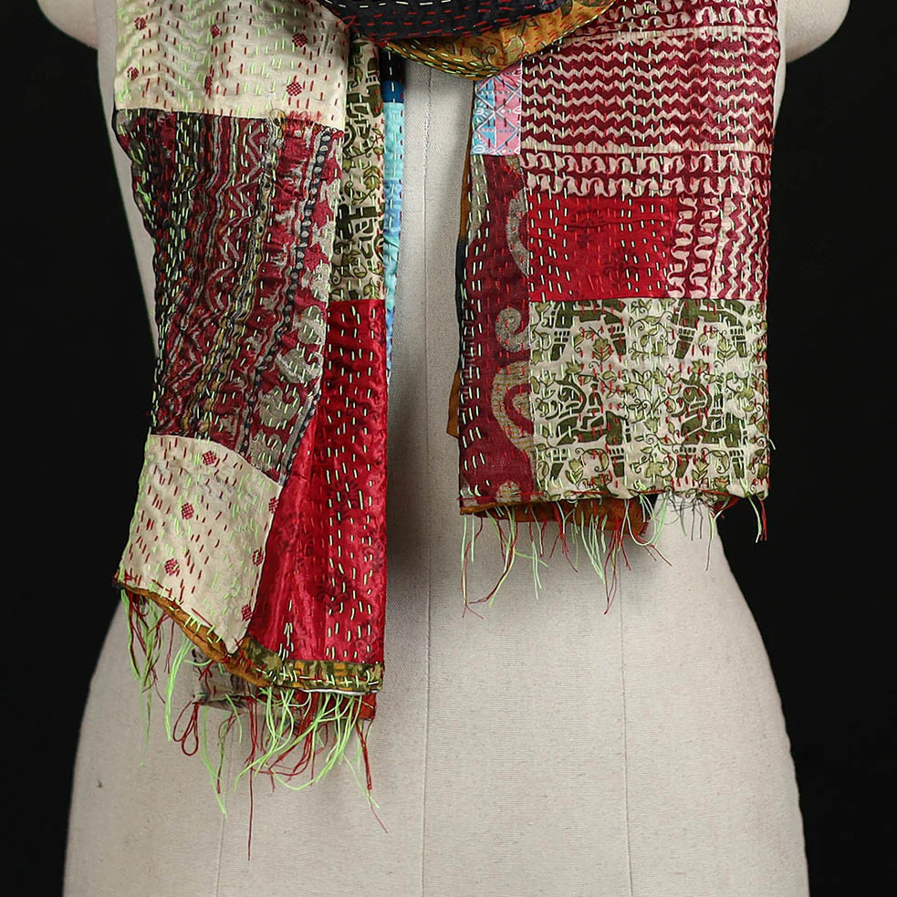 Bengal Kantha Handwork Patchwork Reversible Silk Stole 86 - Image 2