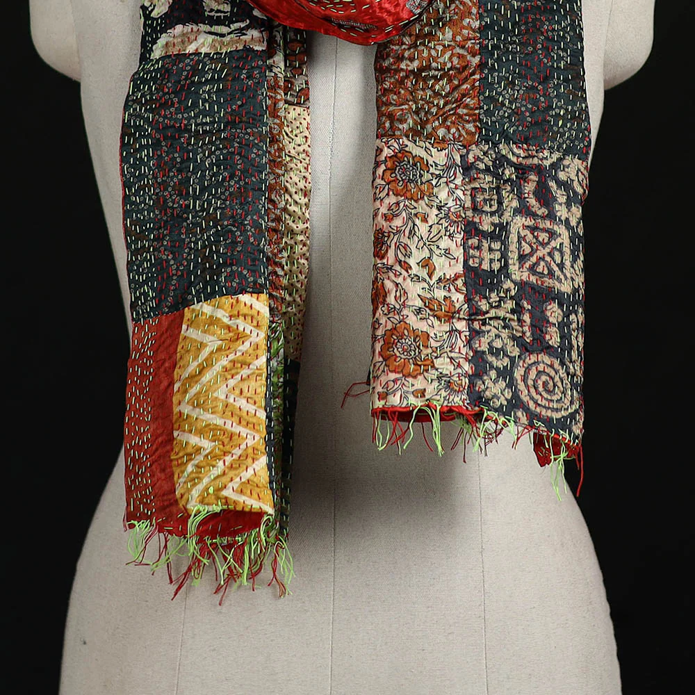 Bengal Kantha Handwork Patchwork Reversible Silk Stole 87 - Image 2
