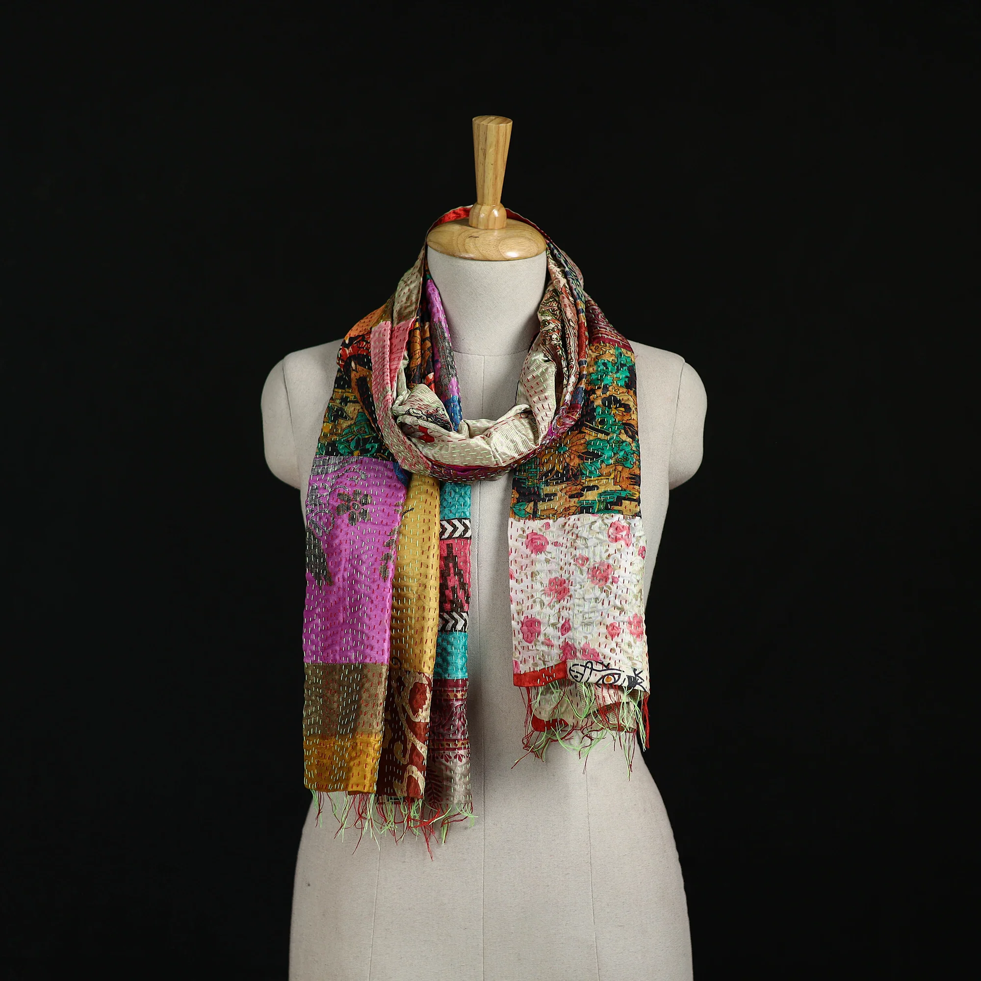 Bengal Kantha Handwork Patchwork Reversible Silk Stole 88