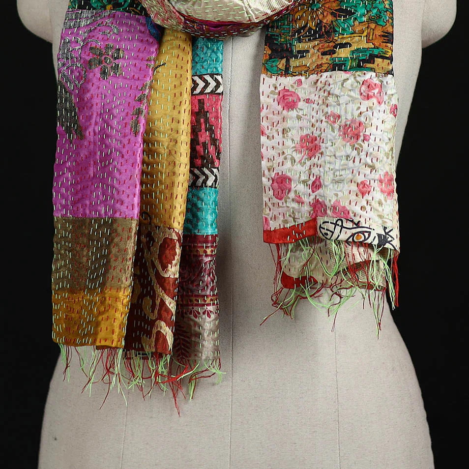 Bengal Kantha Handwork Patchwork Reversible Silk Stole 88 - Image 2