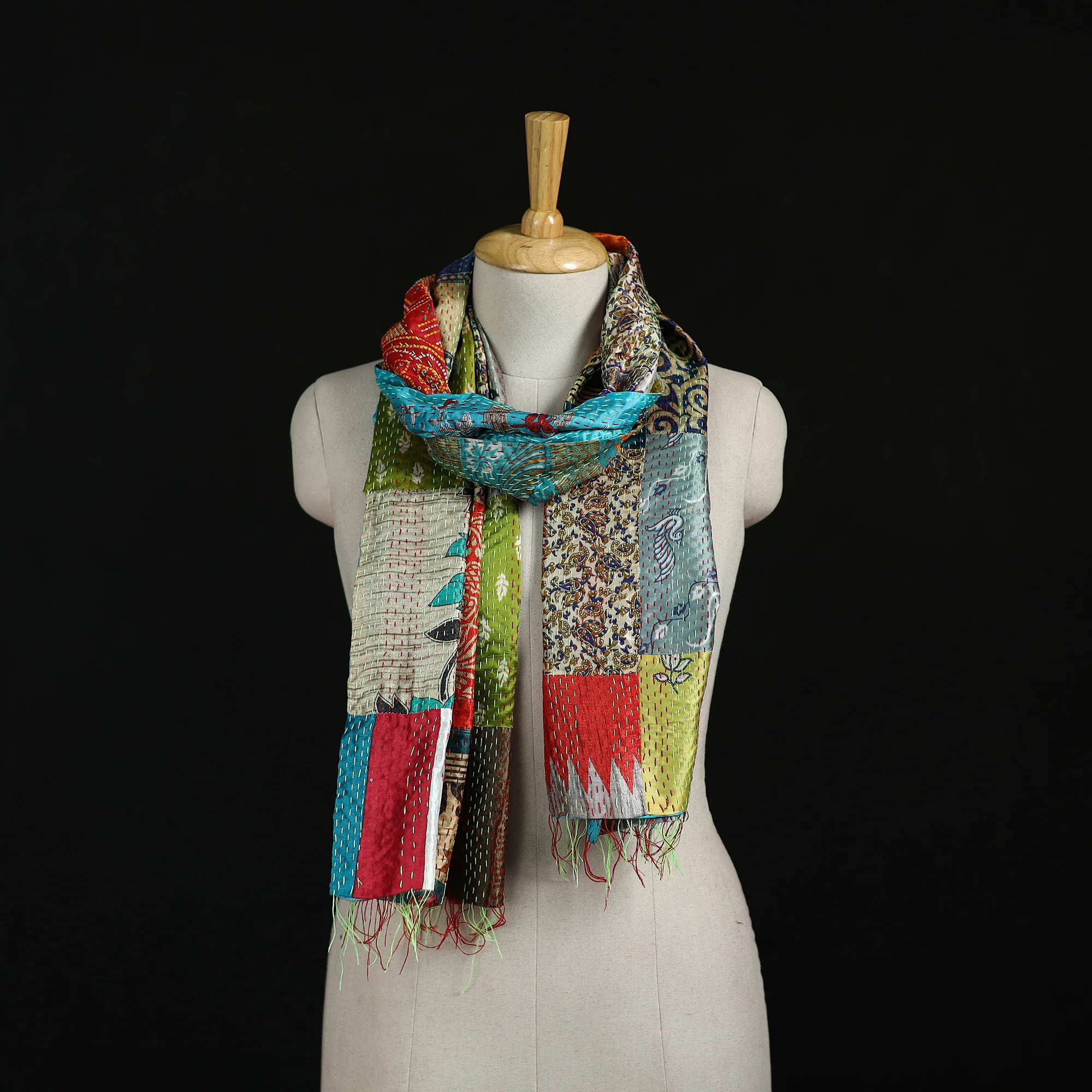 Bengal Kantha Handwork Patchwork Reversible Silk Stole 89