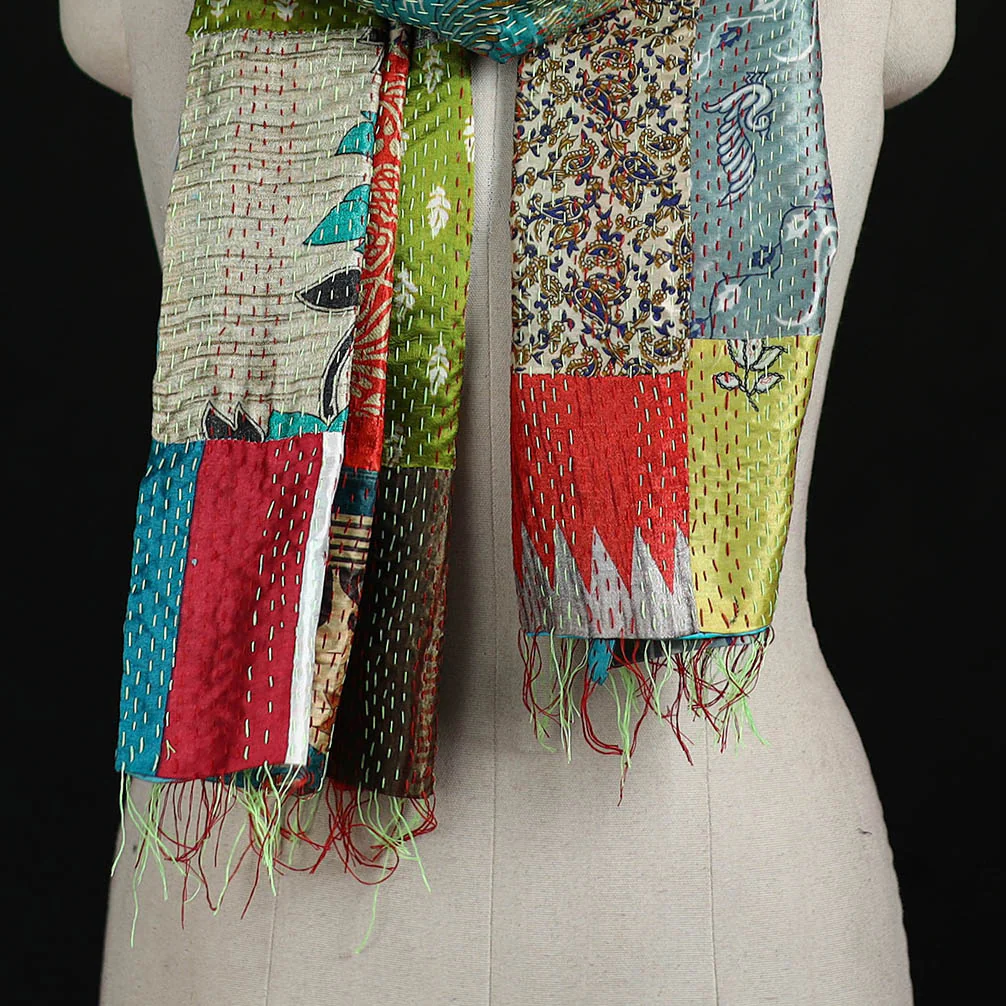 Bengal Kantha Handwork Patchwork Reversible Silk Stole 89 - Image 2