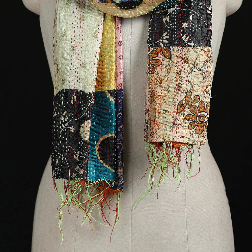 Bengal Kantha Handwork Patchwork Reversible Silk Stole 90 - Image 2
