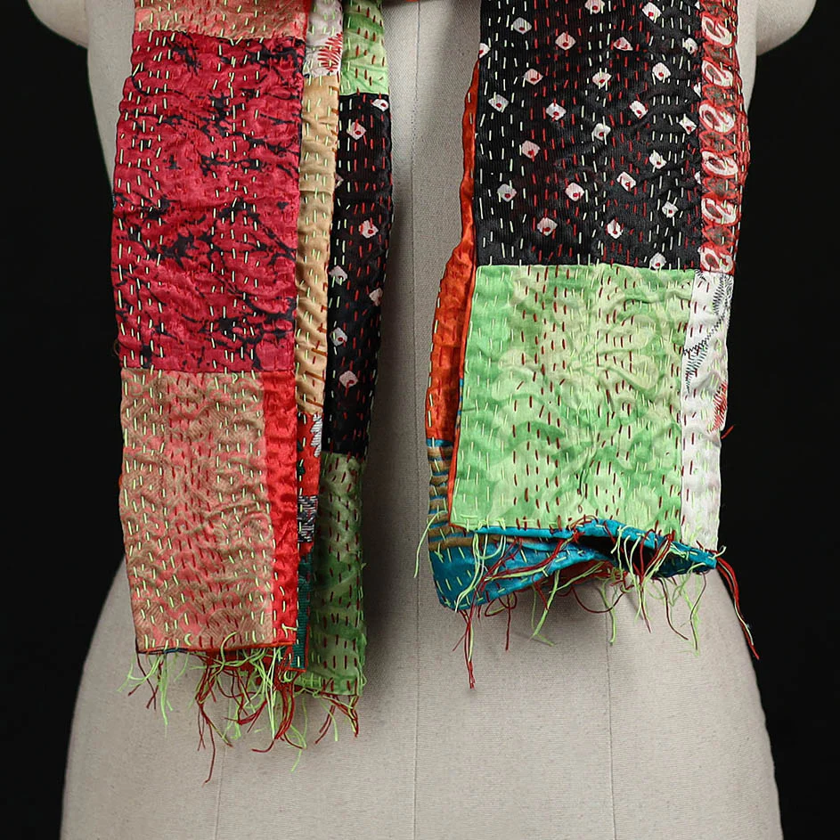Bengal Kantha Handwork Patchwork Reversible Silk Stole 91 - Image 2