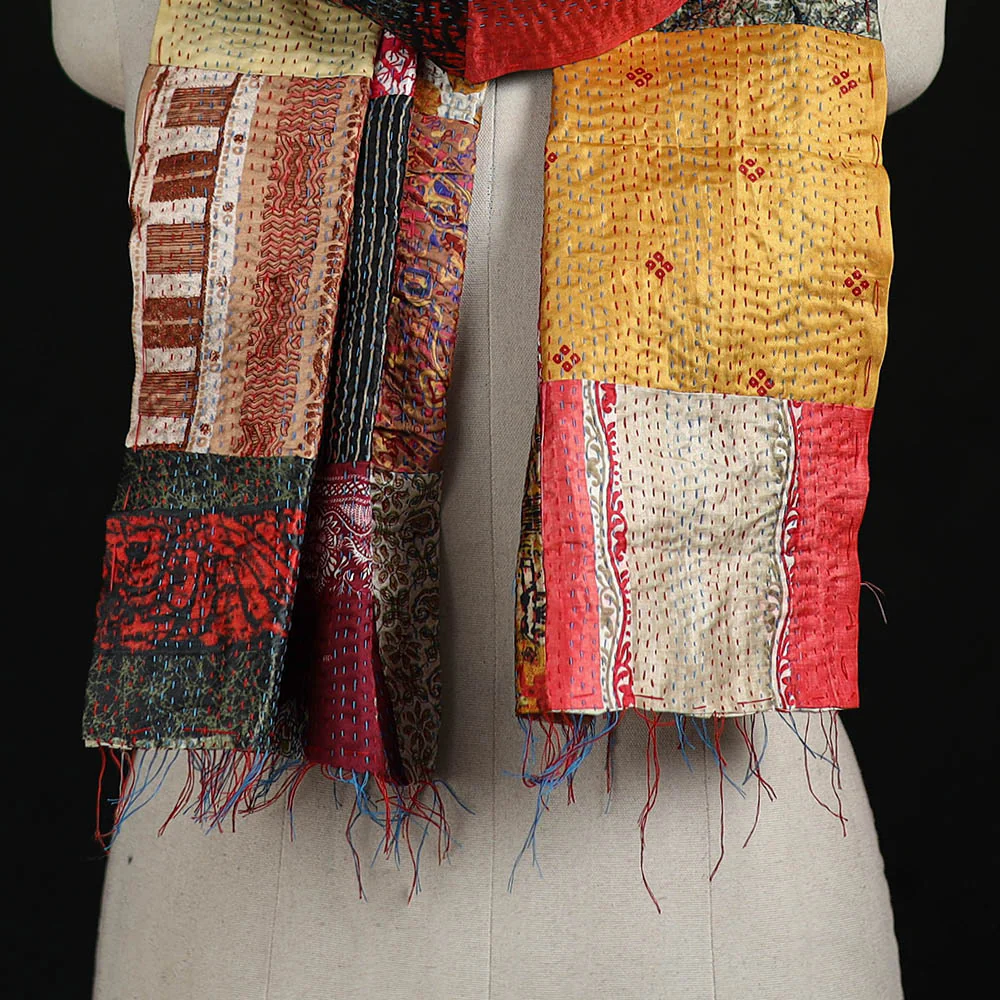 Bengal Kantha Handwork Patchwork Reversible Silk Stole 93 - Image 2
