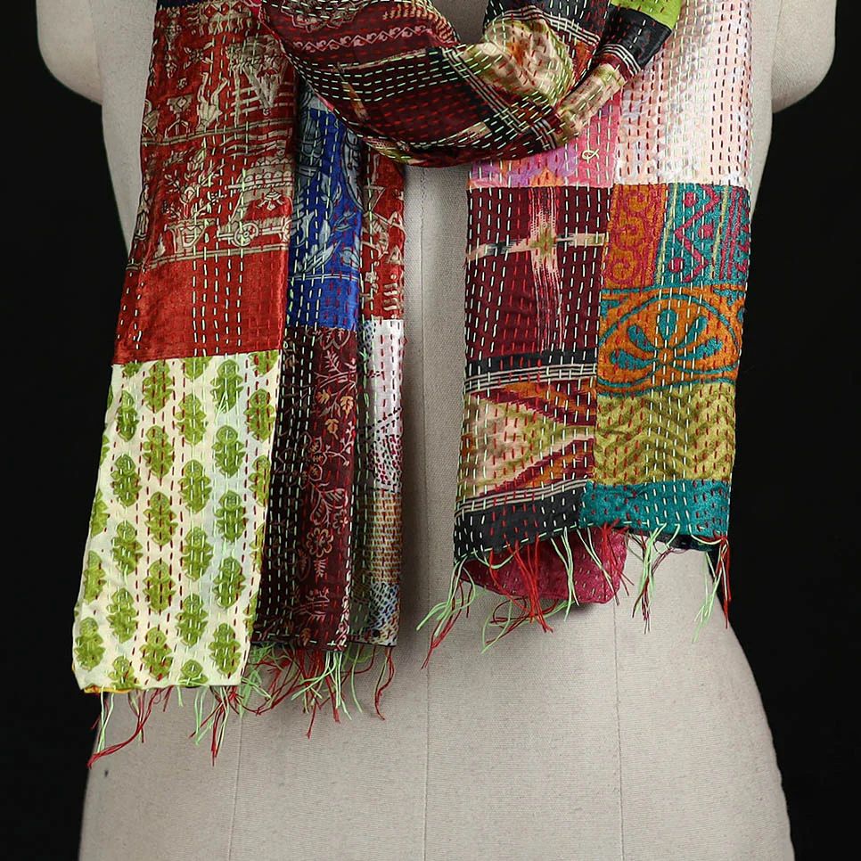 Bengal Kantha Handwork Patchwork Reversible Silk Stole 94 - Image 2