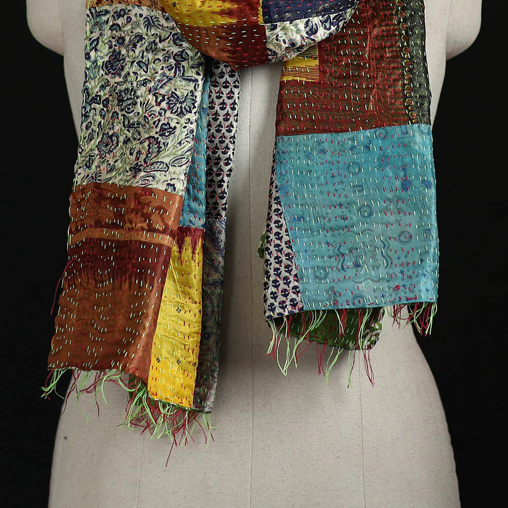 Bengal Kantha Handwork Patchwork Reversible Silk Stole 95 - Image 2