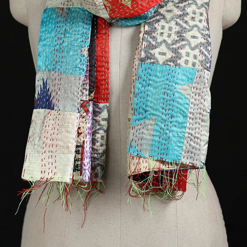 Bengal Kantha Handwork Patchwork Reversible Silk Stole 96 - Image 2