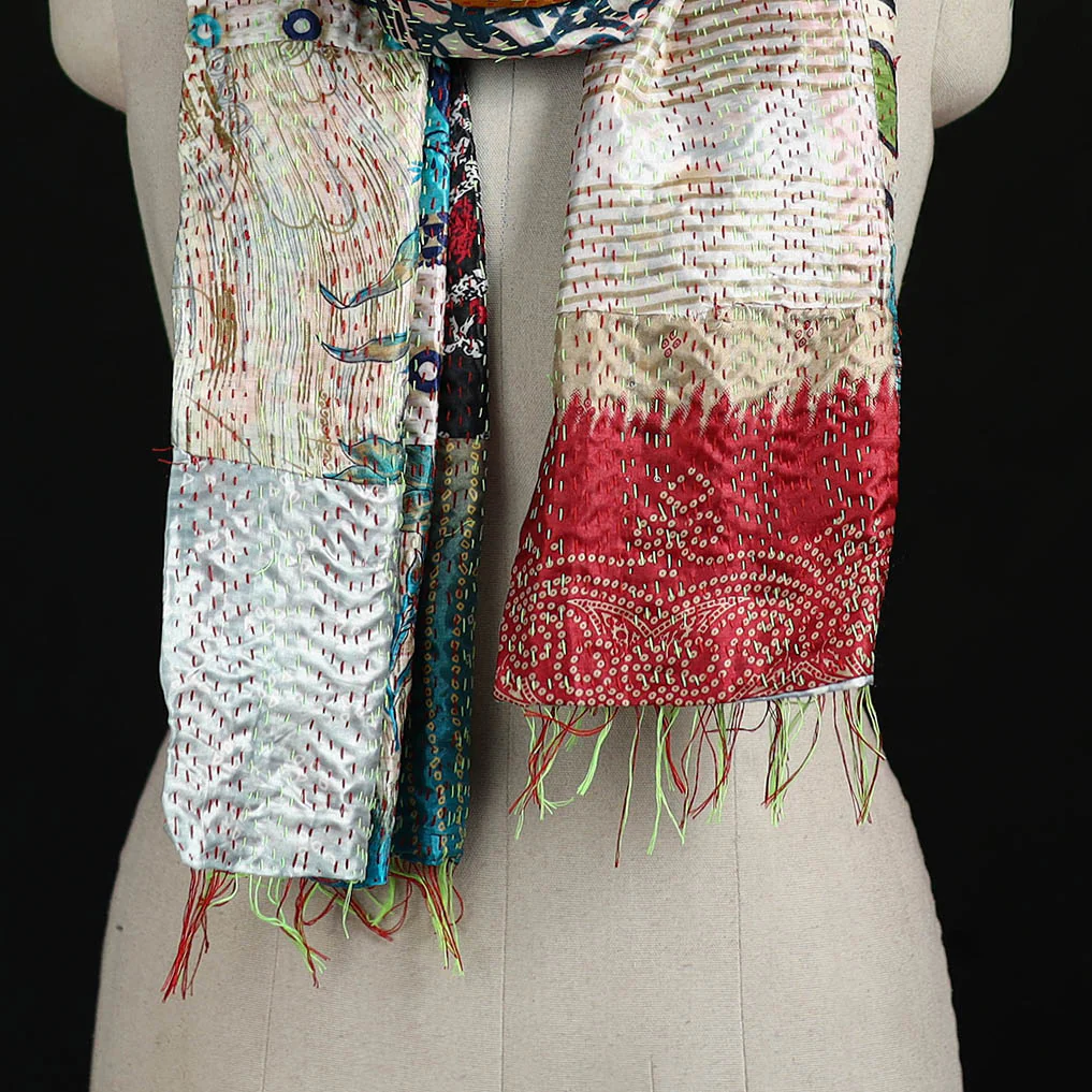 Bengal Kantha Handwork Patchwork Reversible Silk Stole 98 - Image 2