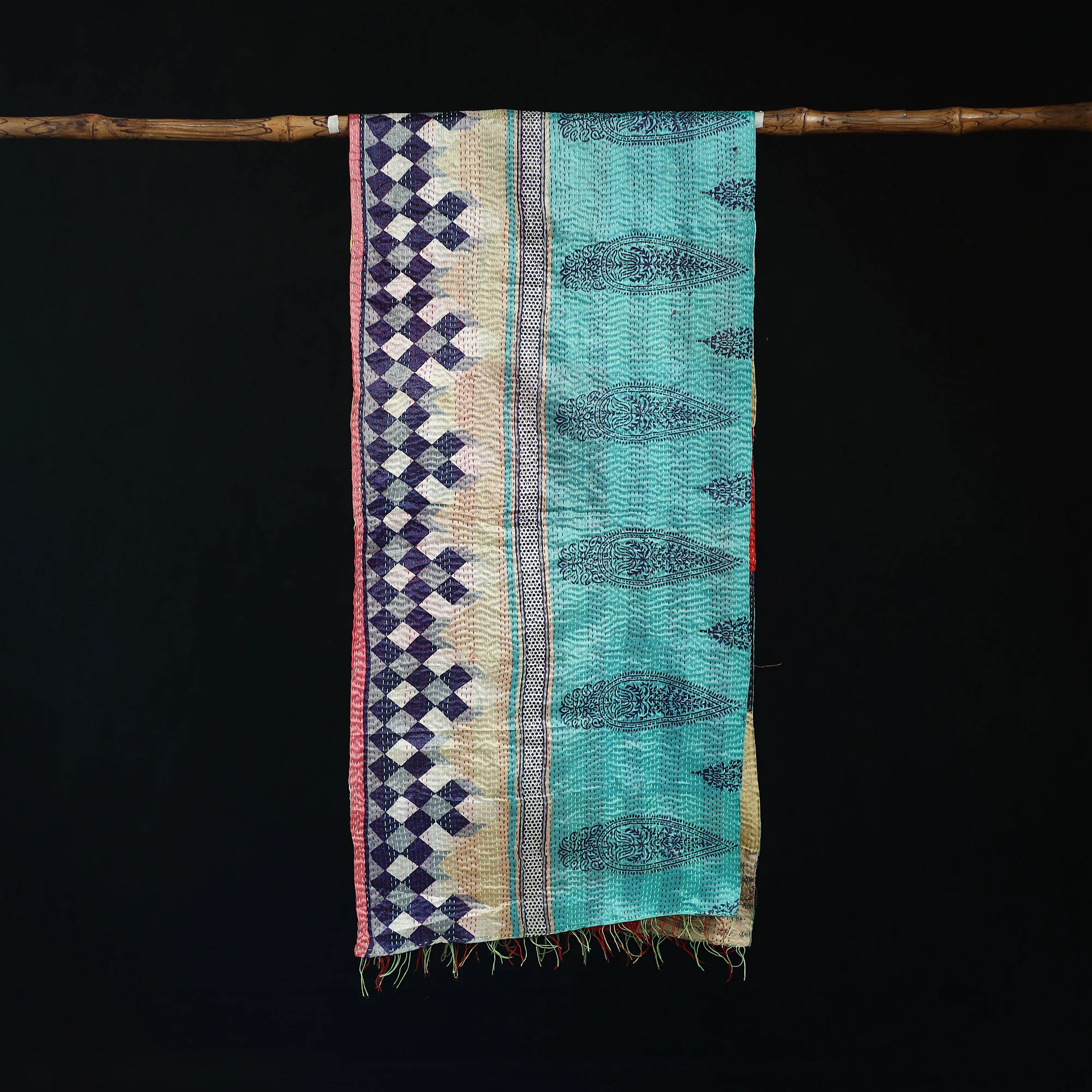 Bengal Kantha Handwork Patchwork Reversible Silk Stole 99 - Image 3