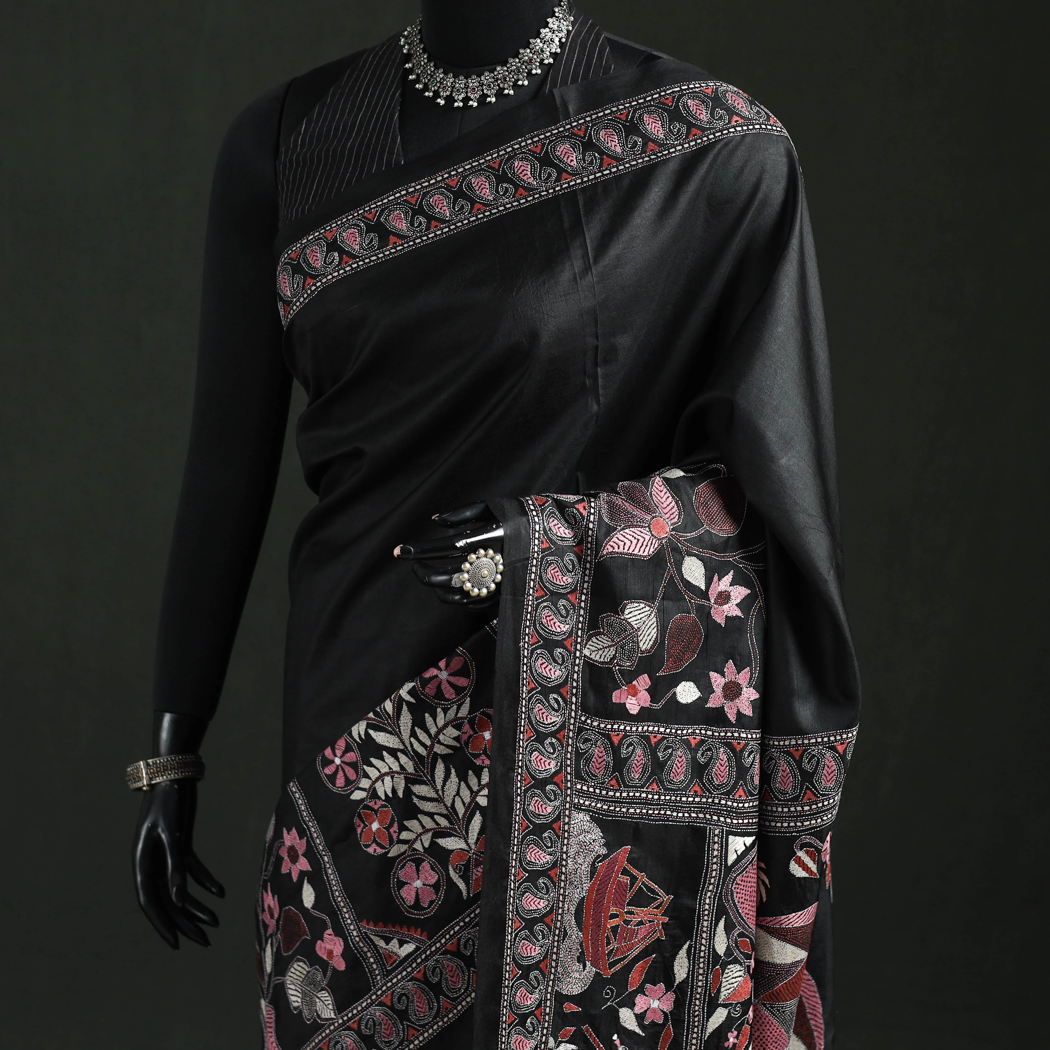Black - Bengal Kantha Heavy Hand Embroidered Pure Silk Saree 09 - Image 2