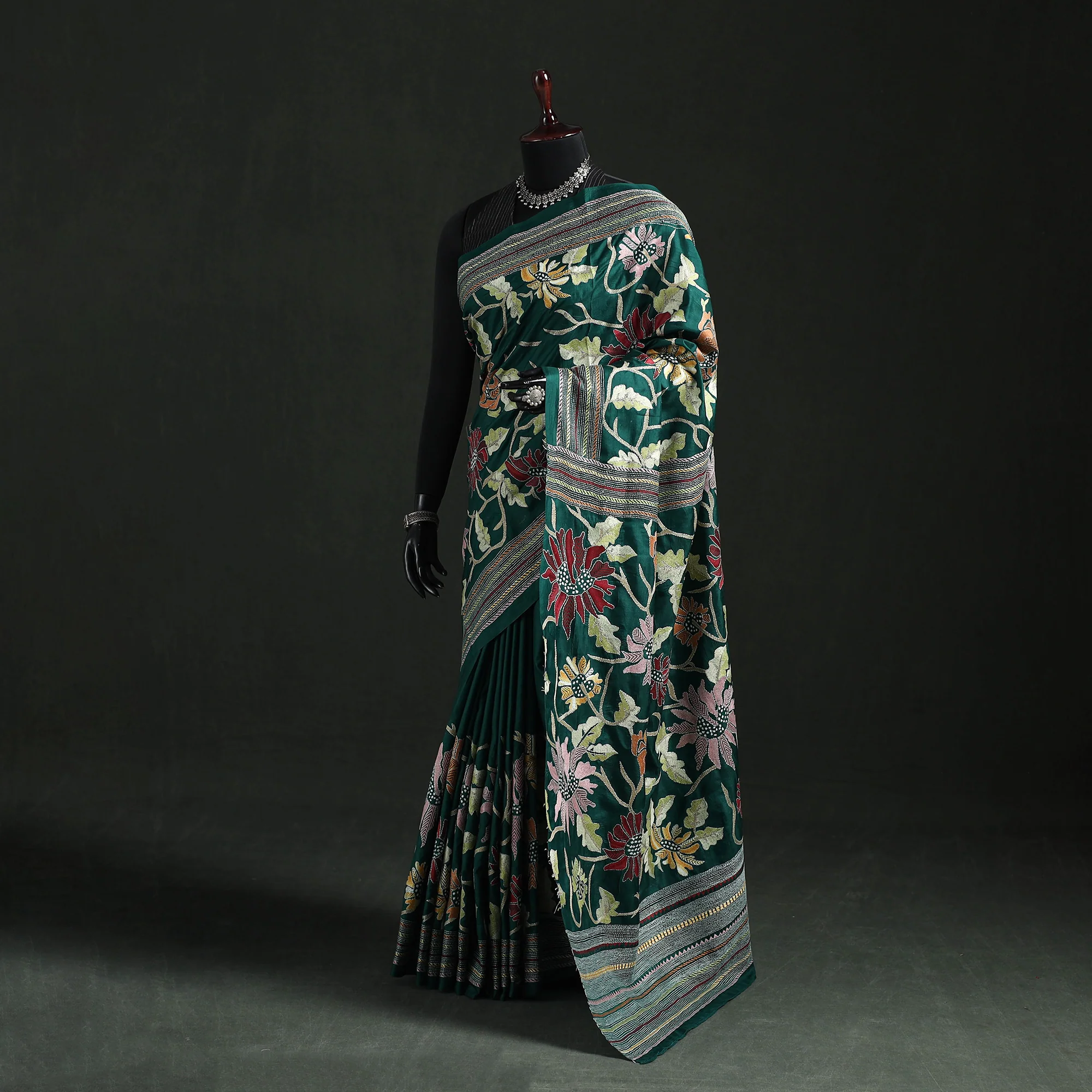 Green - Bengal Kantha Heavy Hand Embroidered Pure Silk Saree 10