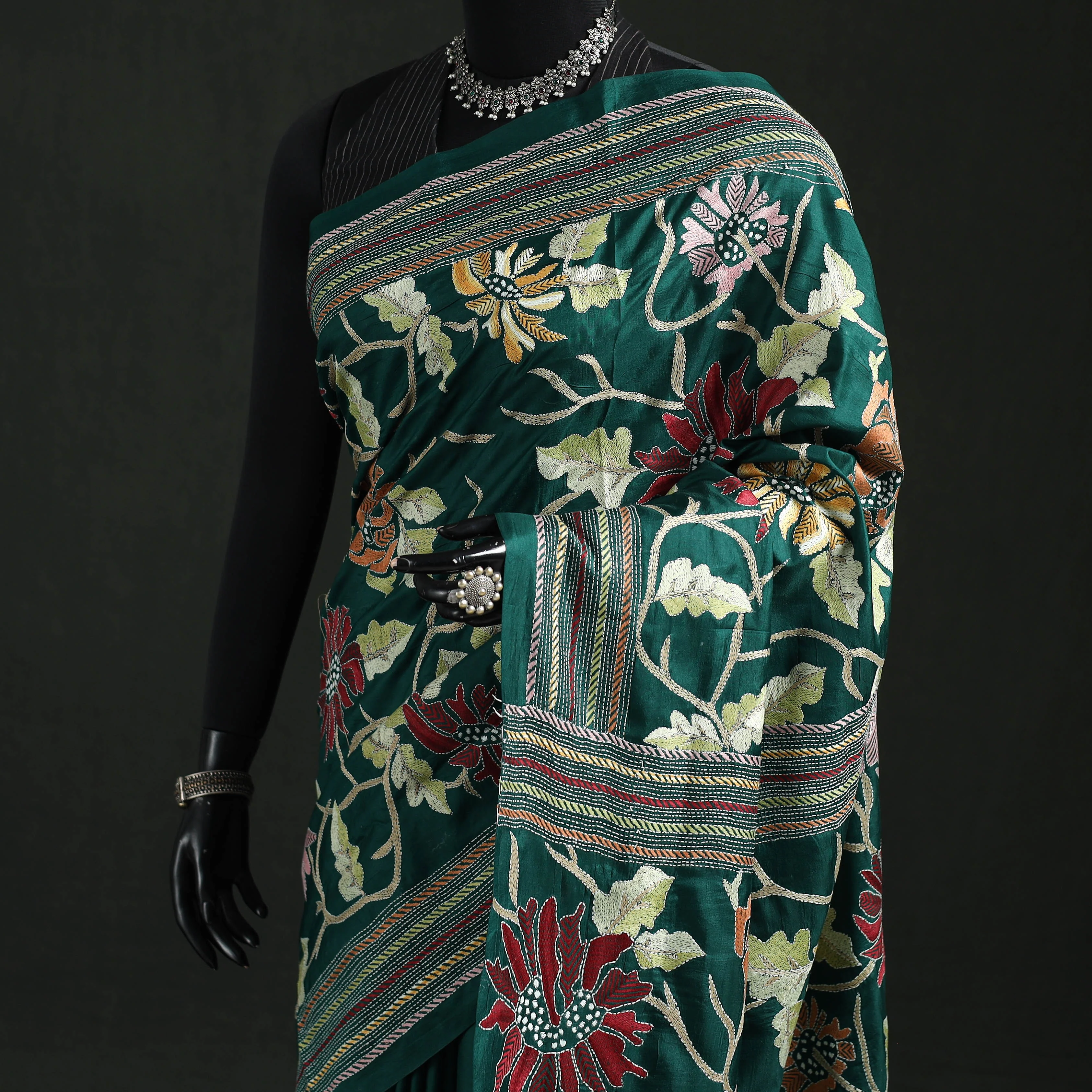 Green - Bengal Kantha Heavy Hand Embroidered Pure Silk Saree 10 - Image 2