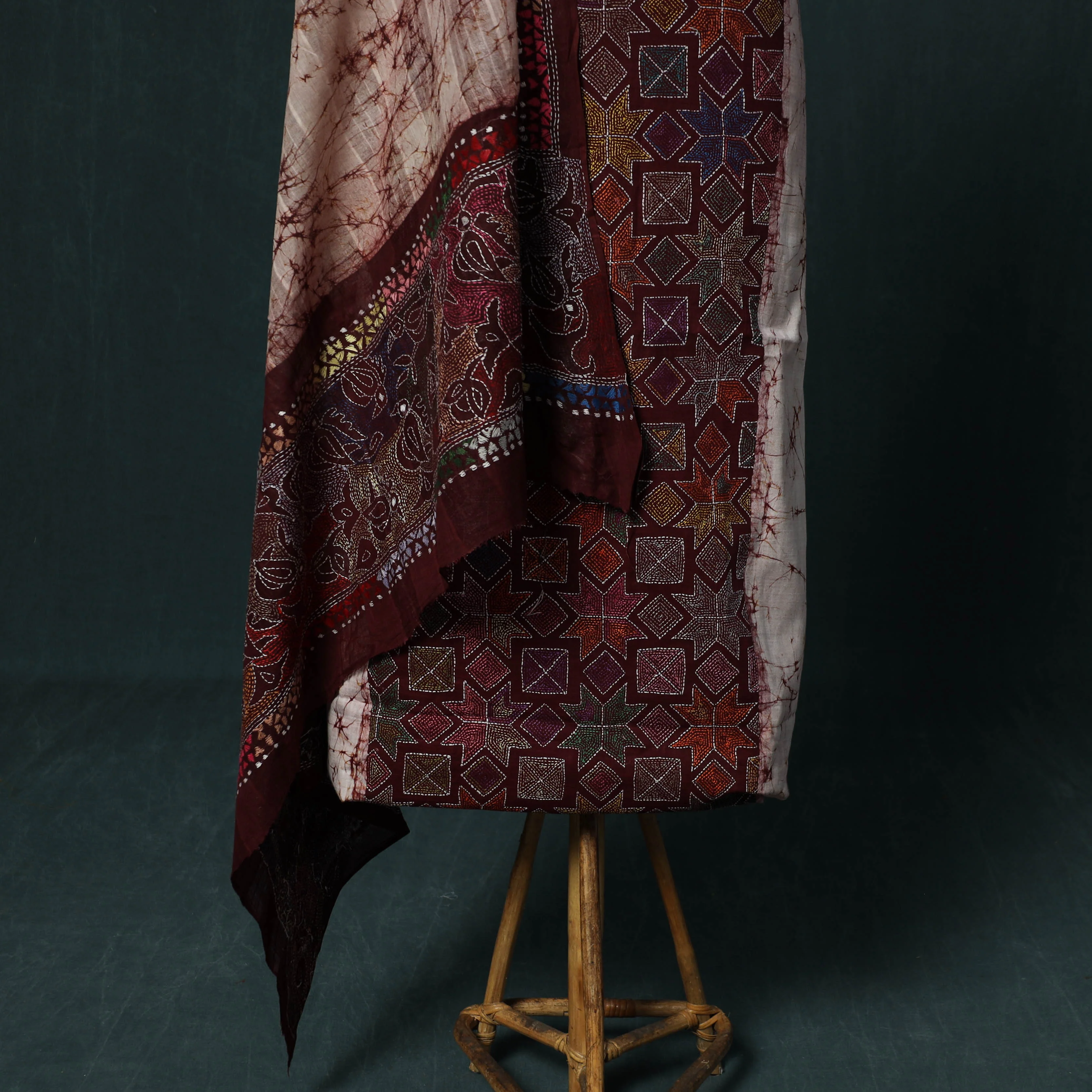 Maroon - Bengal Kantha Work Cotton 2pc Unstitched Batik Print Dress Material Kurta Set 15 - Image 5
