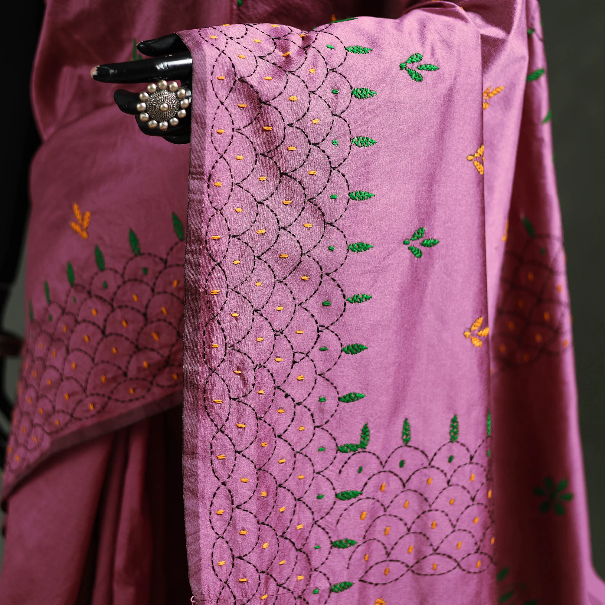 Purple - Bengal Nakshi Kantha Hand Embroidered Silk Saree 15 - Image 3