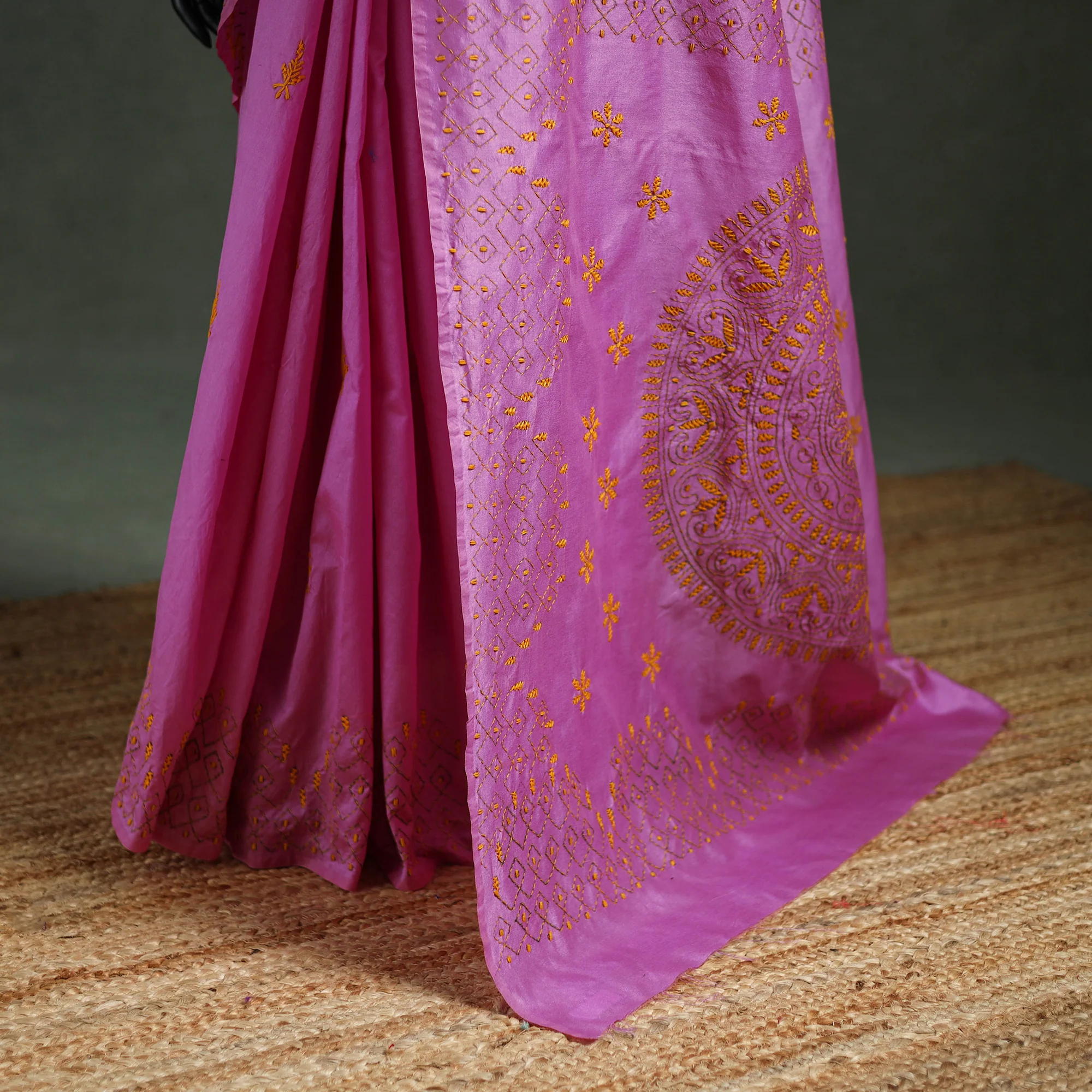 Purple - Bengal Nakshi Kantha Hand Embroidered Silk Saree 51 - Image 4