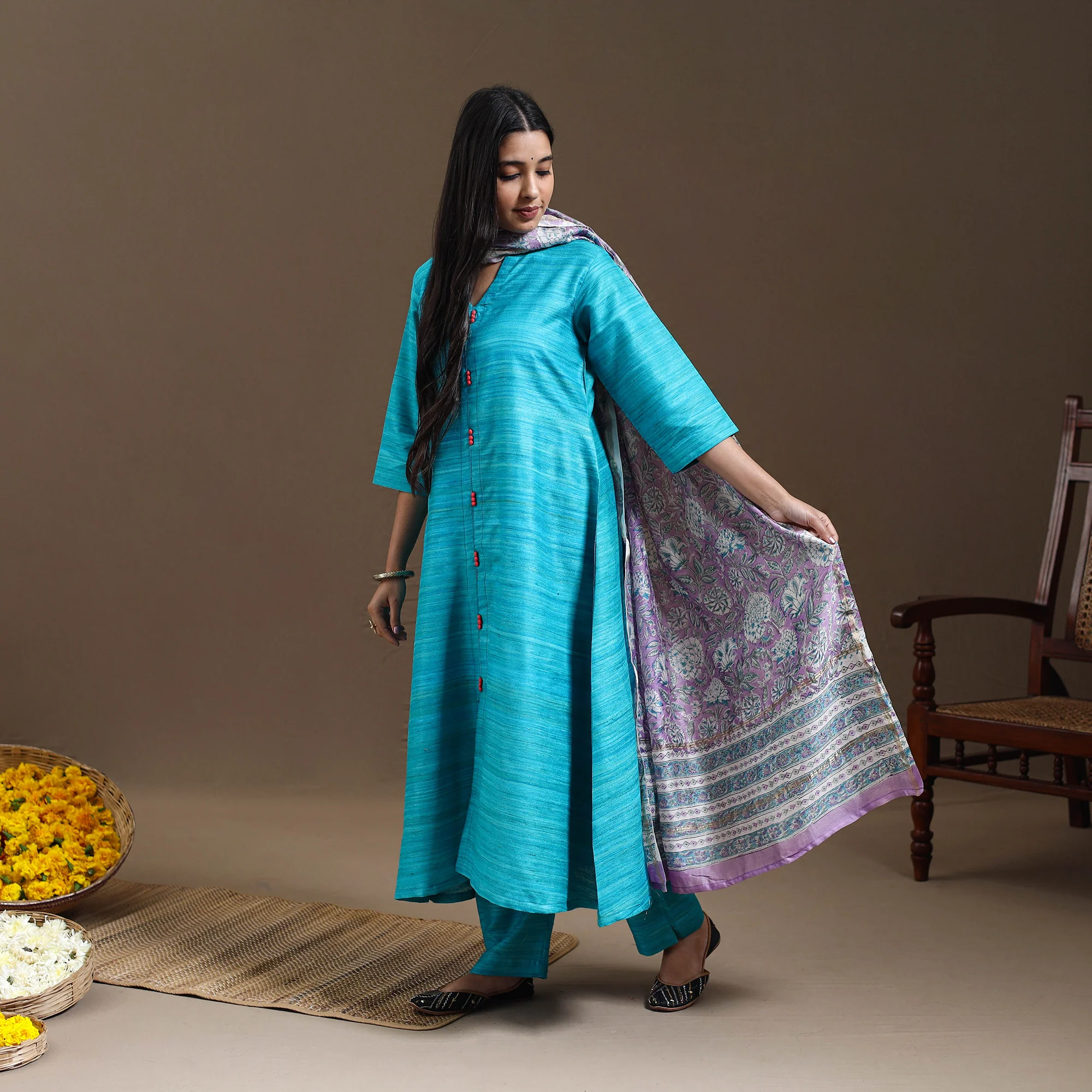 Blue - Bhagalpuri Handloom Desi Tussar Silk Kurta Set 17 - Image 3