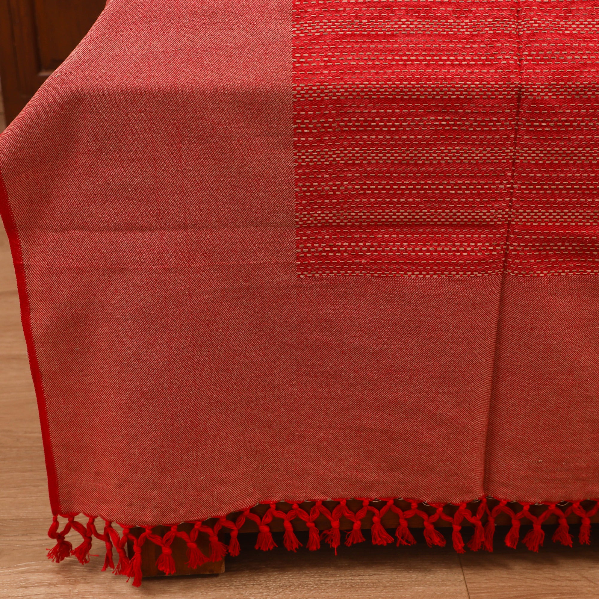 Red - Bijnor Pure Handloom Cotton Double Bed Sheet (96 x 76 in) 60 - Image 3