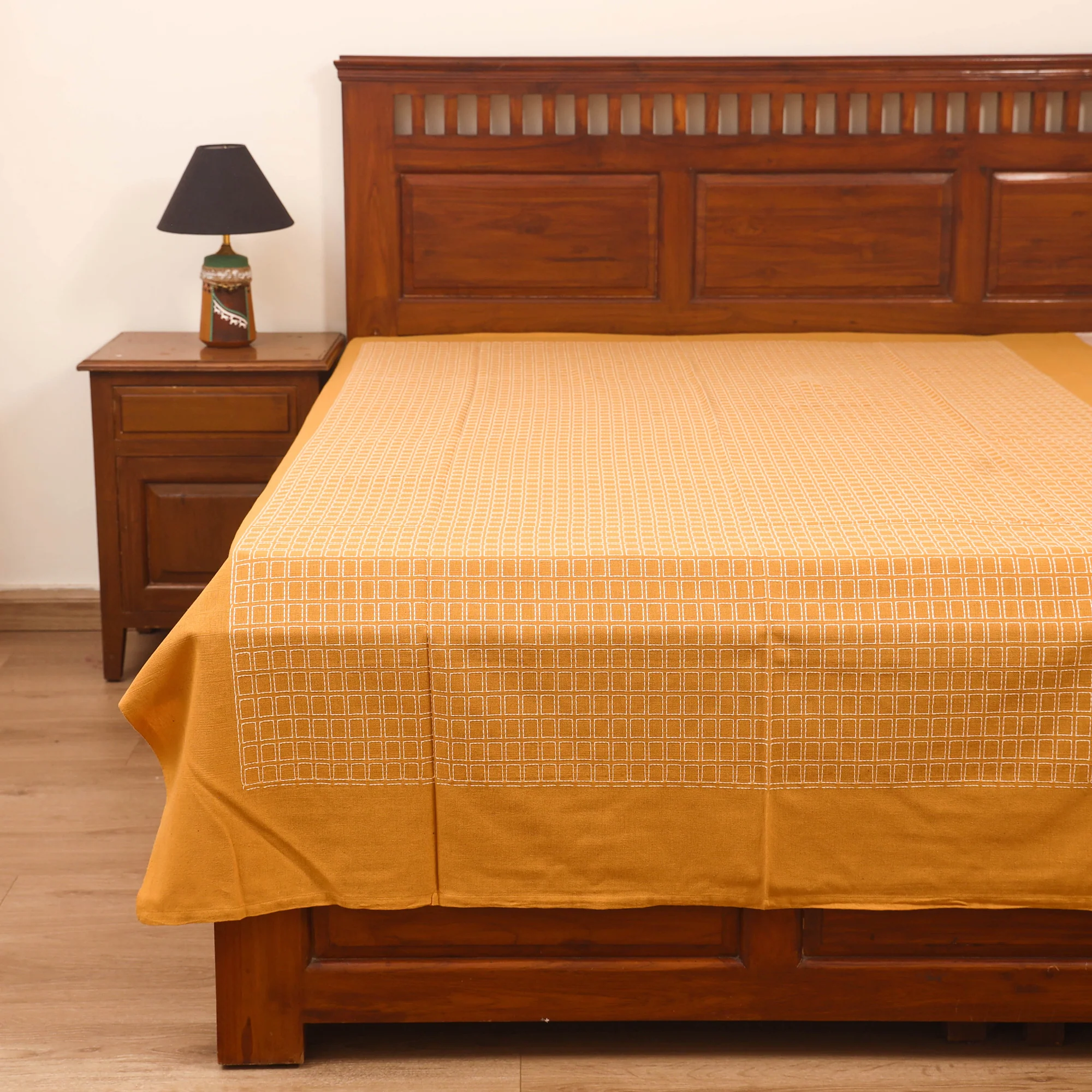 Yellow - Bijnor Pure Handloom Cotton Single Bed Sheet (90 x 60 in) 77