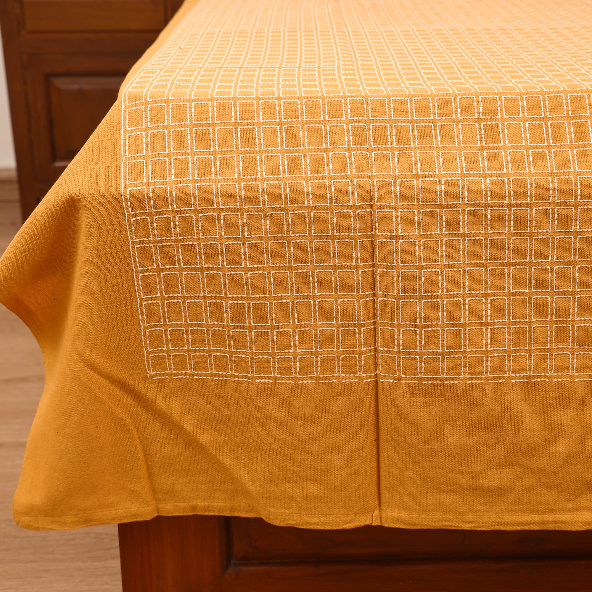 Yellow - Bijnor Pure Handloom Cotton Single Bed Sheet (90 x 60 in) 77 - Image 3