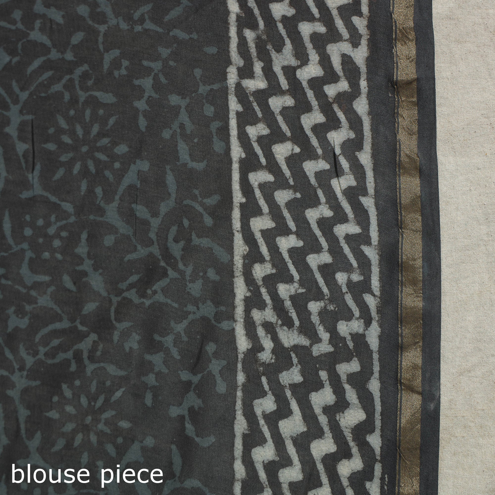 Grey - Block Print Chanderi Silk Bagru Saree with Zari Border 11 - Image 6