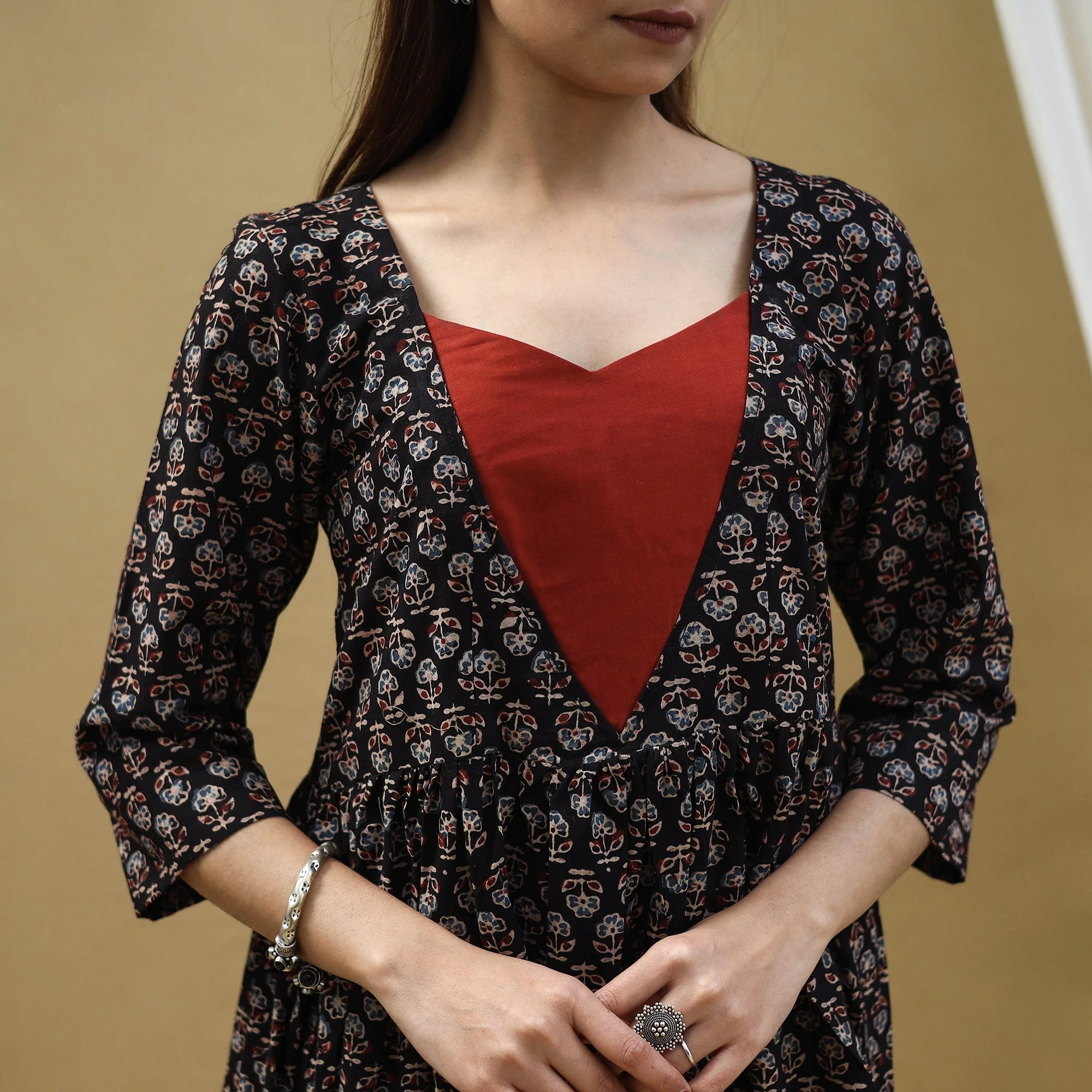 Black - Block Print Cotton Flared Ajrakh Dress 10 - Image 4