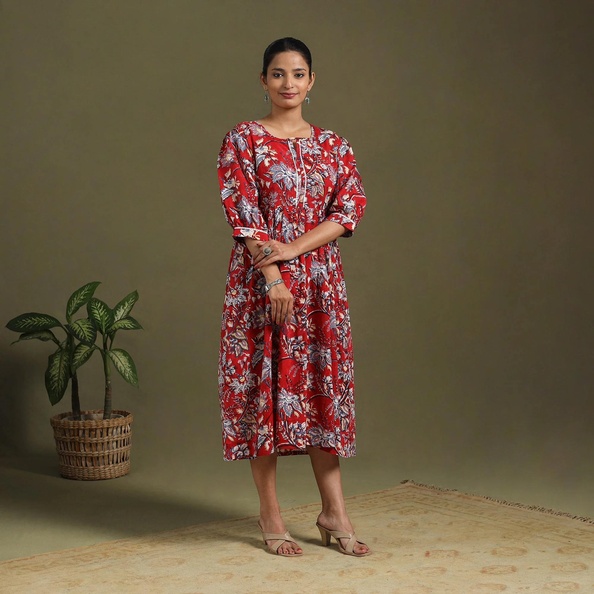 Red - Block Print Cotton Flared Sanganeri Dress 05