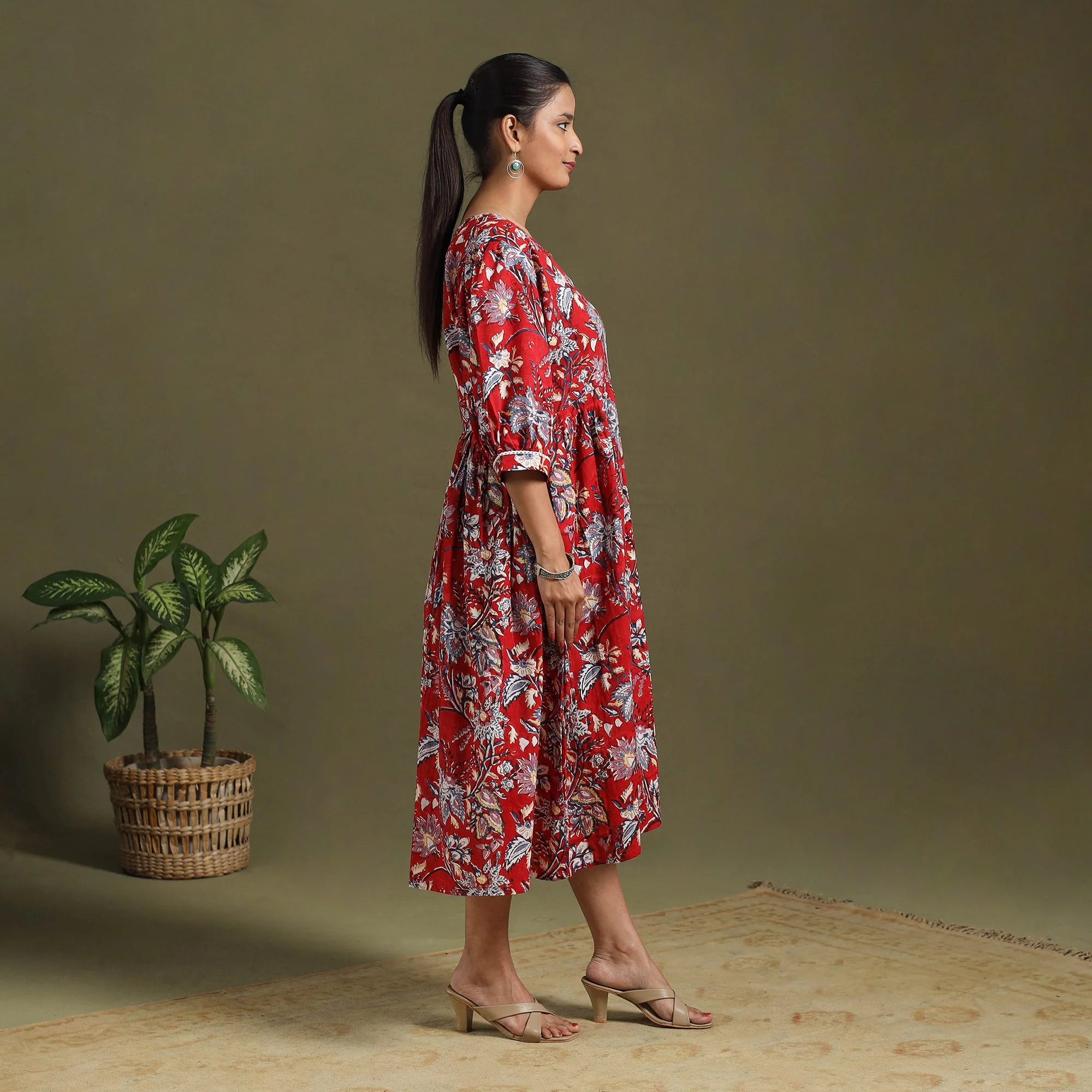 Red - Block Print Cotton Flared Sanganeri Dress 05 - Image 2