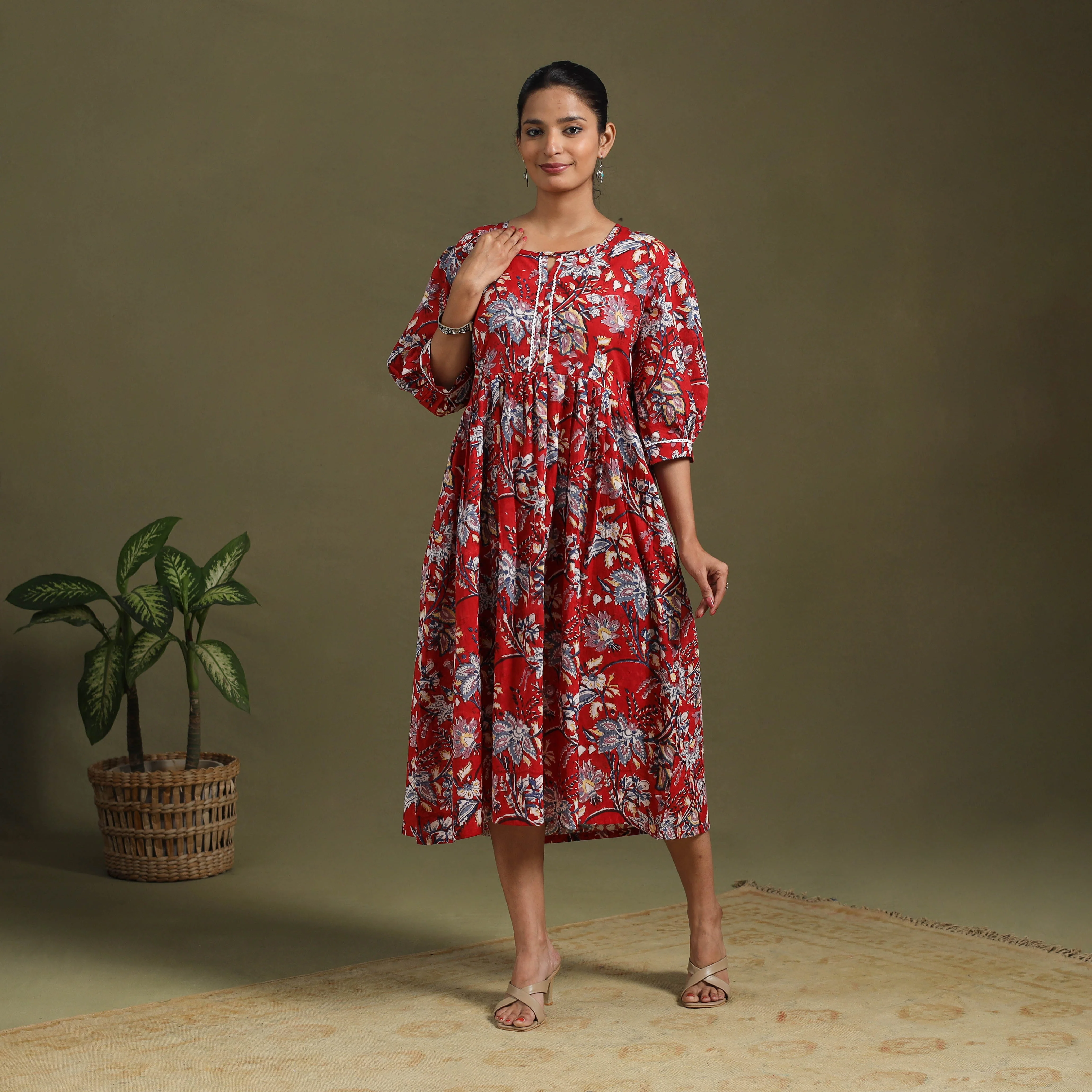 Red - Block Print Cotton Flared Sanganeri Dress 05 - Image 4