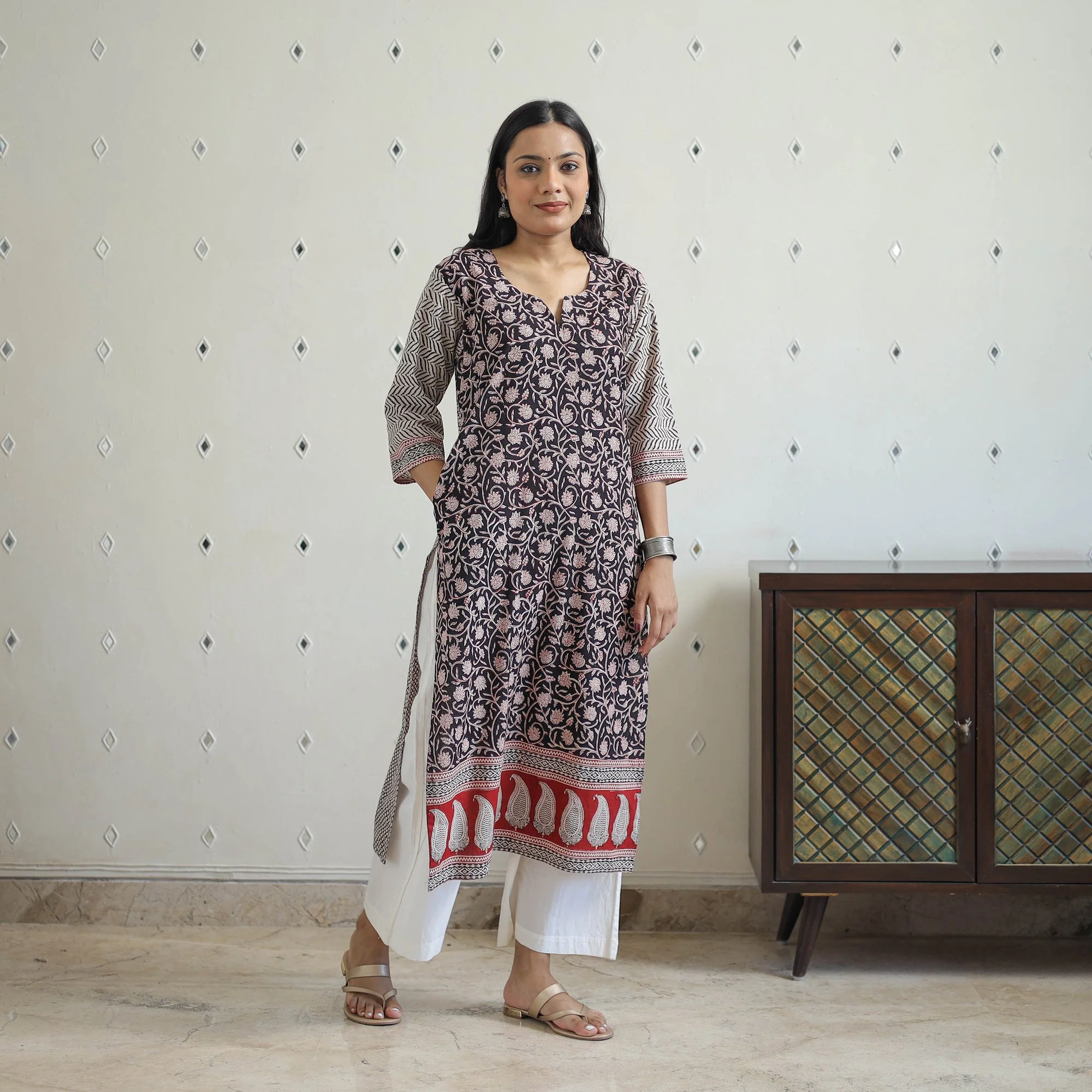 Black - Block Print Cotton Straight Bagh Kurta 08 - Image 3