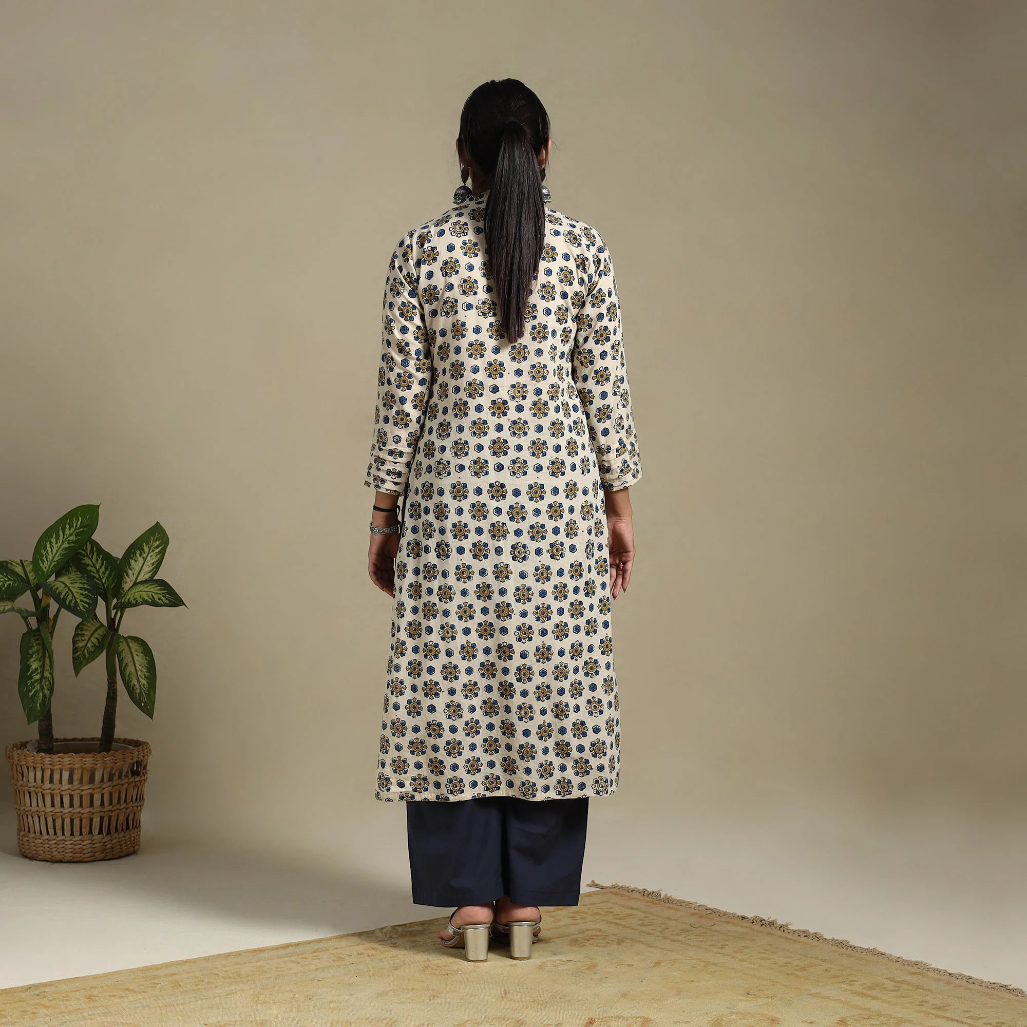 Beige - Block Print Natural Dyed Cotton Straight Ajrakh Kurta 15 - Image 5