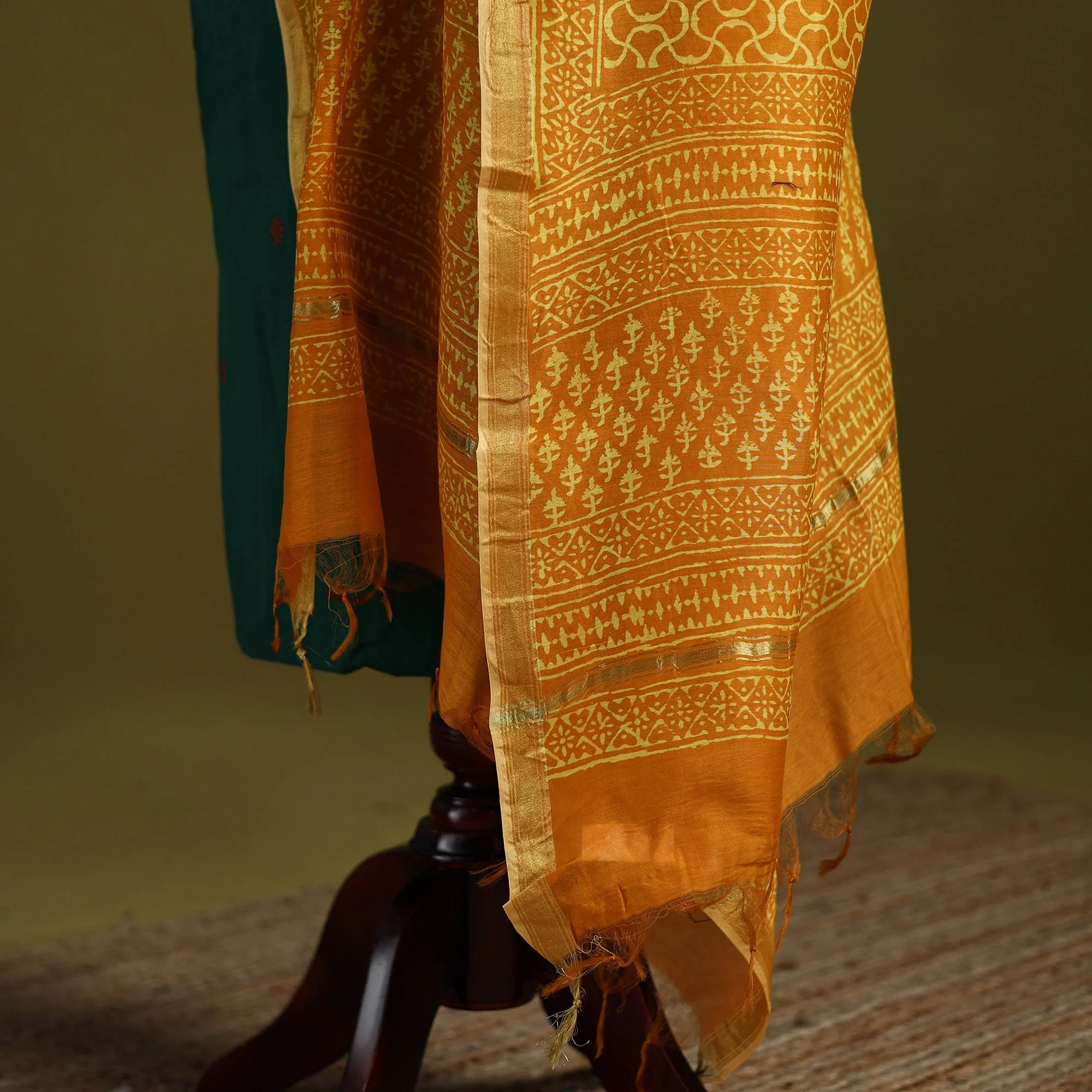 Orange - Chanderi Silk Hand Block Print Bagru Dupatta 02 - Image 4
