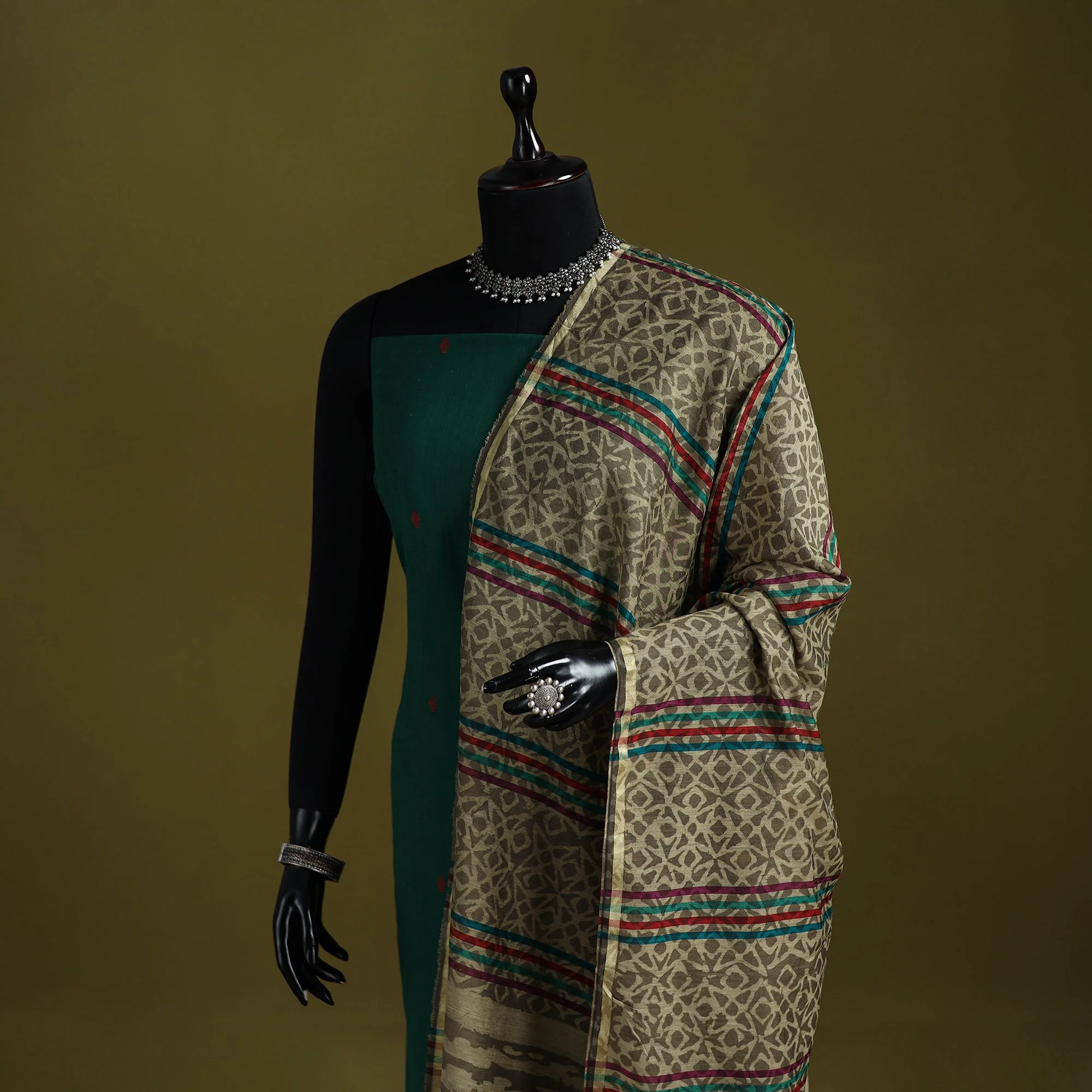 Green - Chanderi Silk Hand Block Print Bagru Dupatta 42 - Image 2