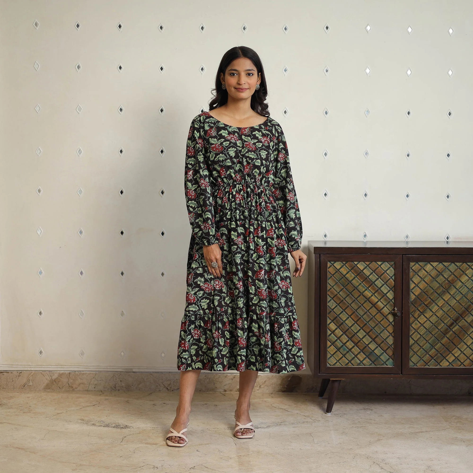 Multicolor - Block Printed Cotton Fit & Flare Jahota Dress 01 - Image 3