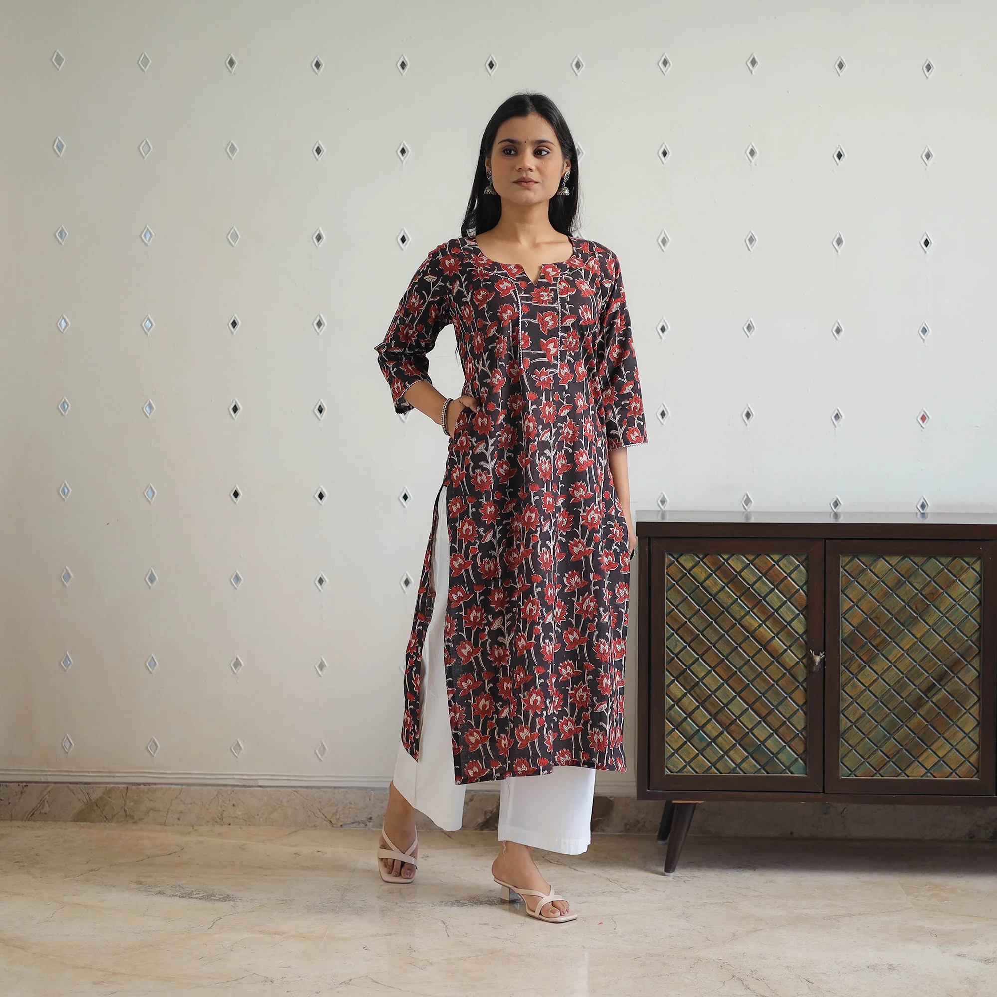 Red - Block Printed Cotton Gota Work Long Bagru Kurta 21 - Image 3
