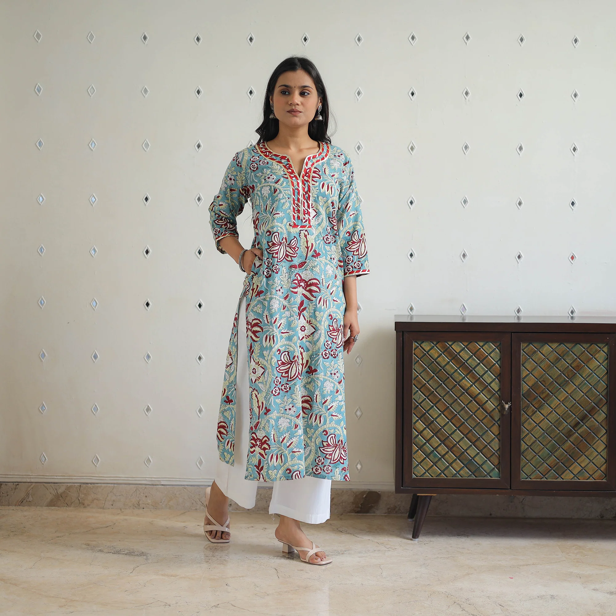 Blue - Block Printed Cotton Gota Work Long Sanganeri Kurta 01 - Image 3