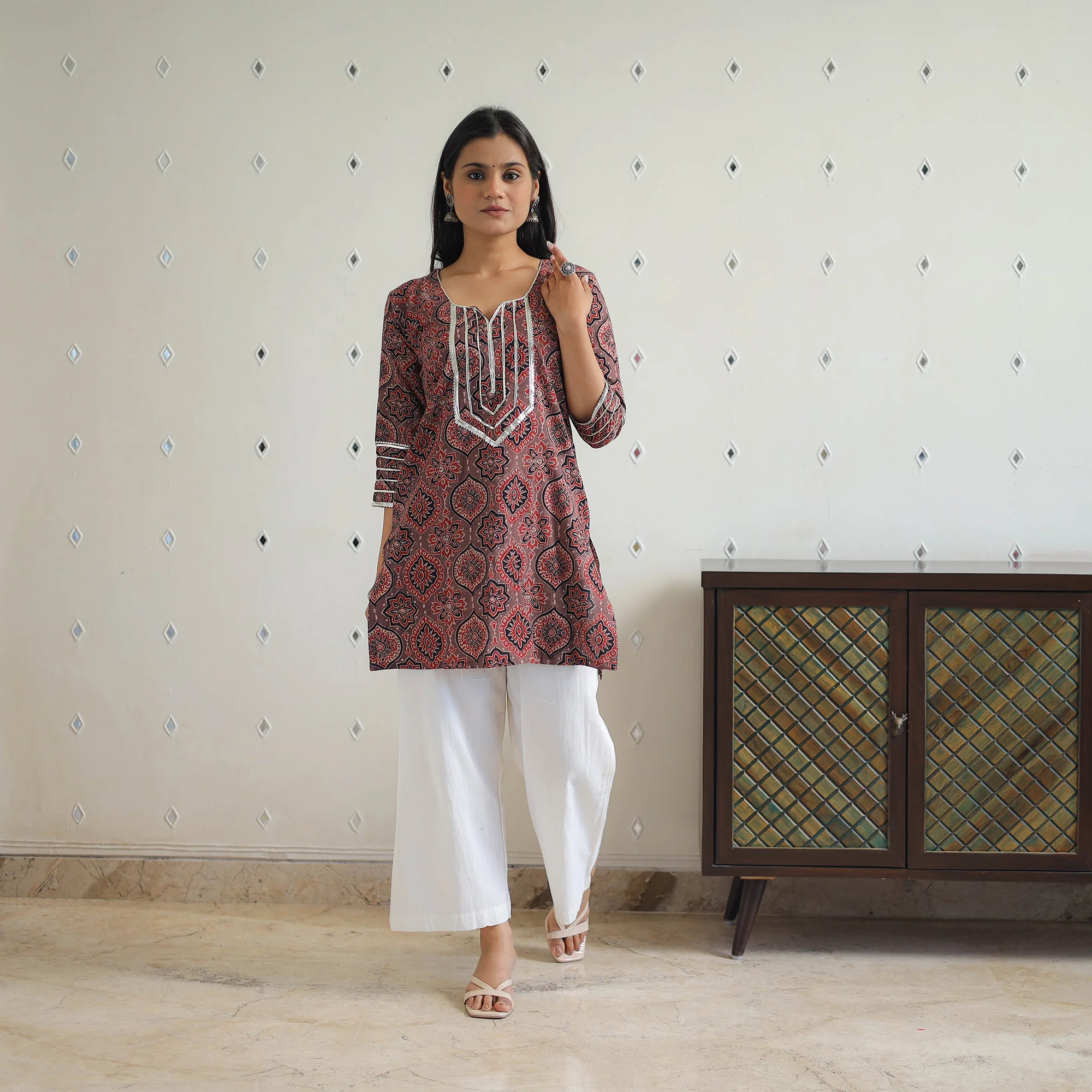 Brown - Block Printed Cotton Gota Work Short Ajrakh Kurta 17 - Image 2