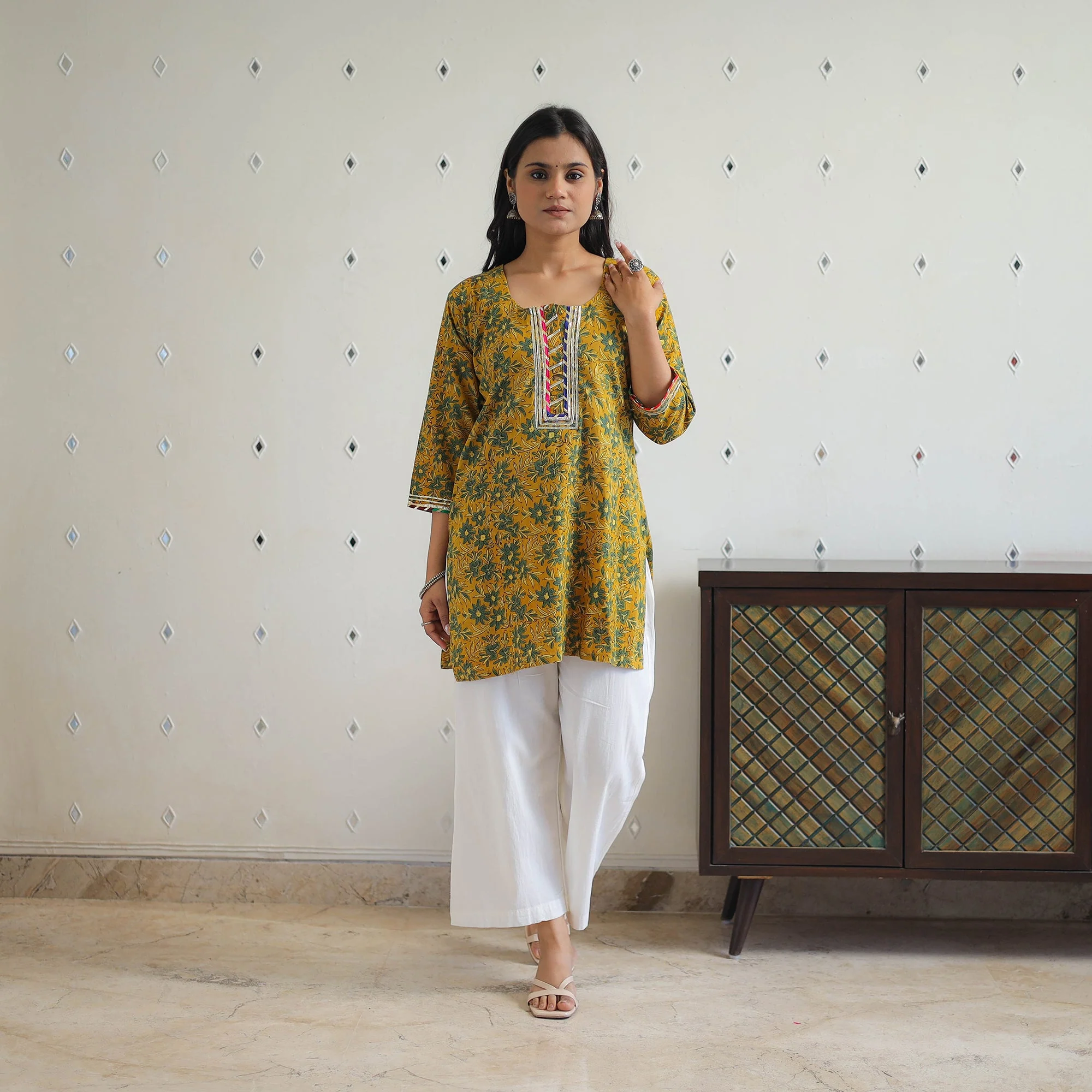 Yellow - Block Printed Cotton Gota Work Short Ajrakh Kurta 18 - Image 2