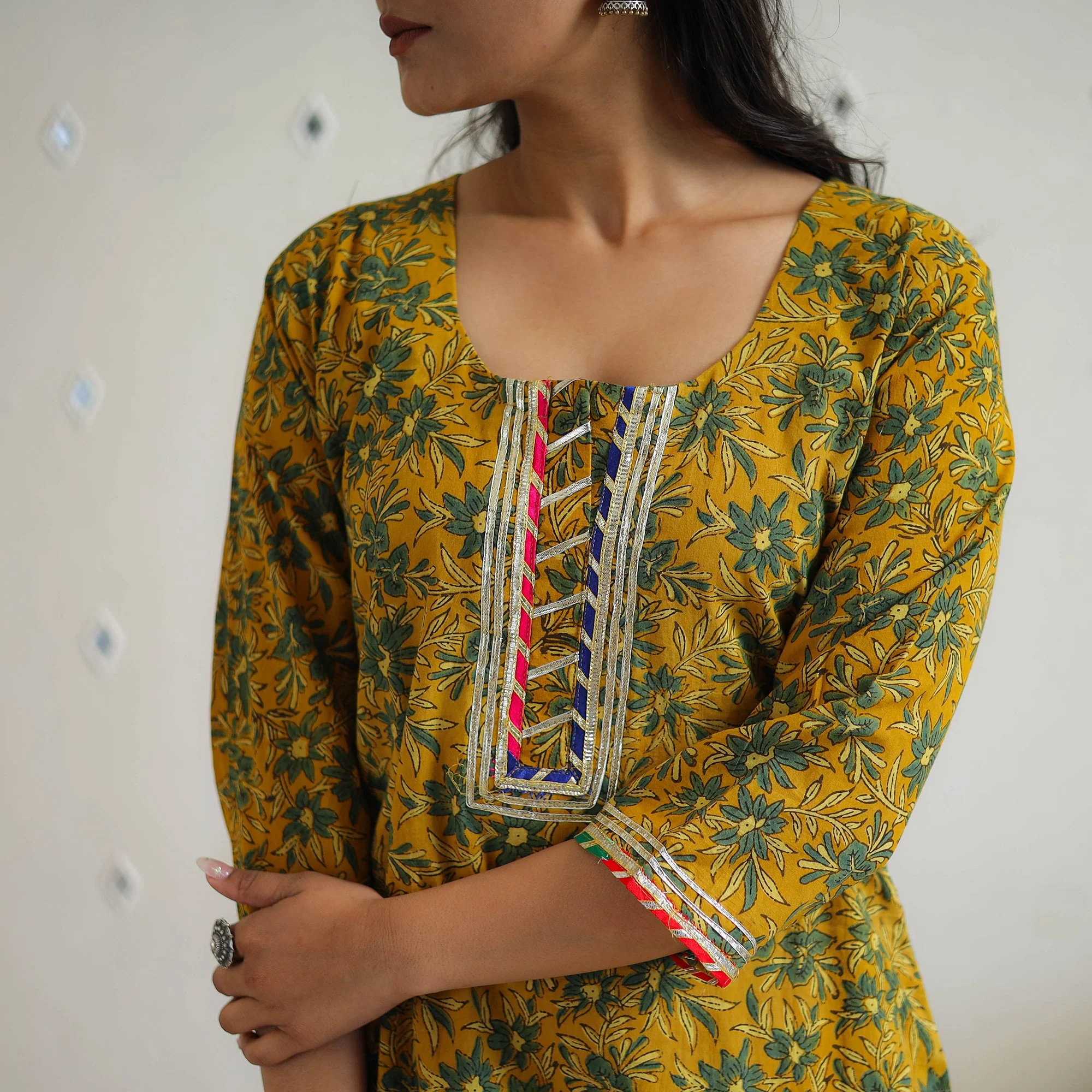 Yellow - Block Printed Cotton Gota Work Short Ajrakh Kurta 18 - Image 4