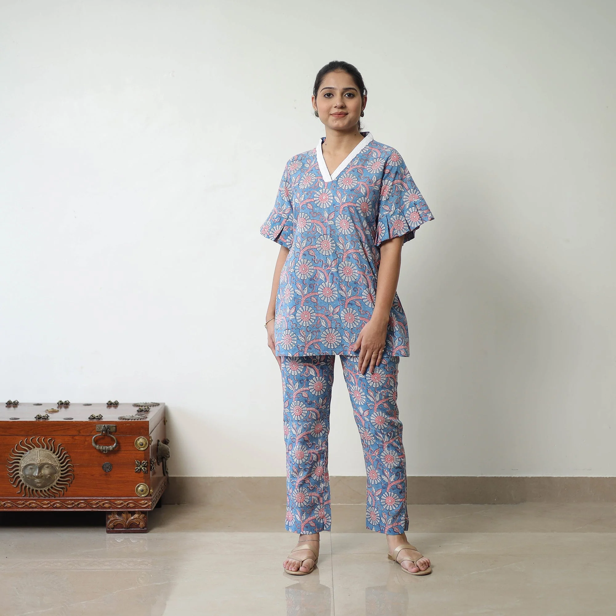 Blue - Block Printed Cotton Sanganeri Co-Ord Set 02 - Image 3