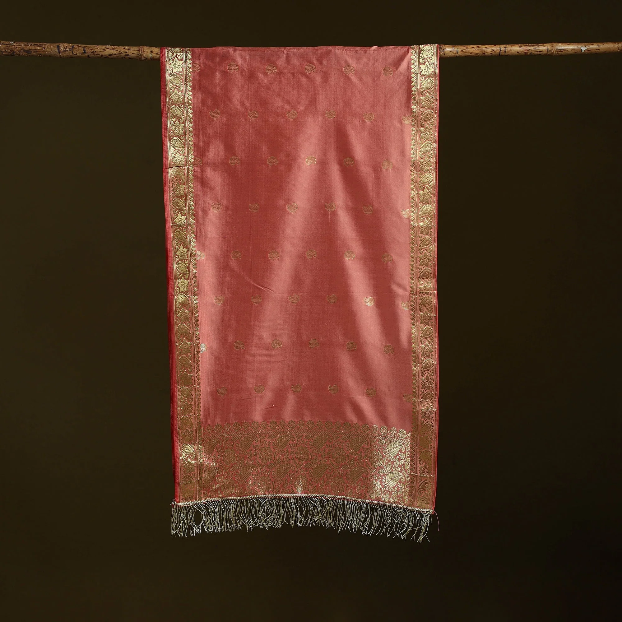 Pink - Brocade Handloom Semi Silk Nakshi Buti Banarasi Stole with Tassels 22 - Image 3