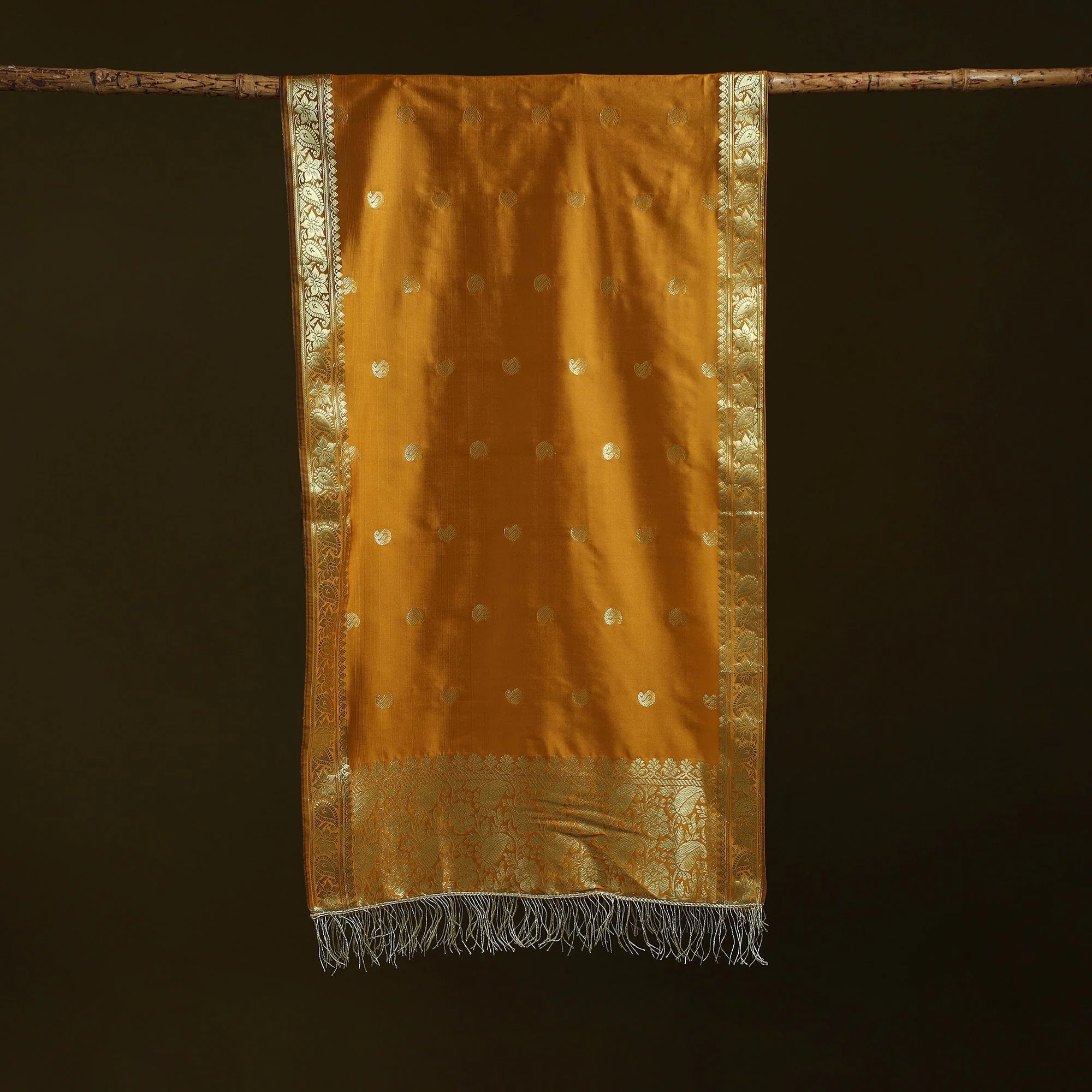 Yellow - Brocade Handloom Semi Silk Nakshi Buti Banarasi Stole with Tassels 26 - Image 3