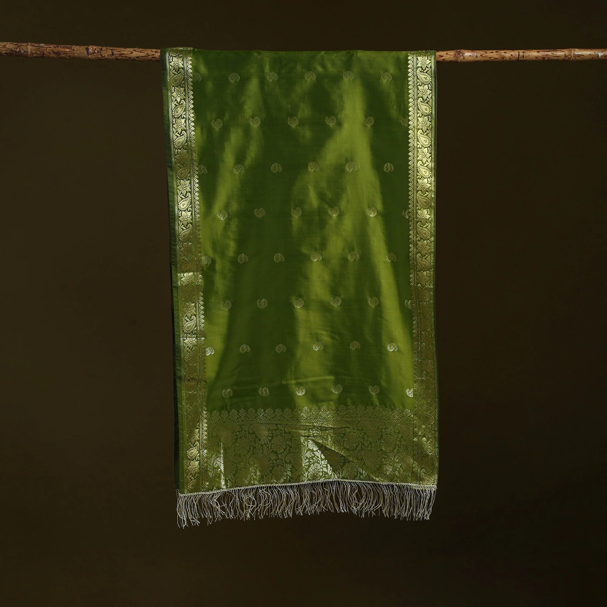 Green - Brocade Handloom Semi Silk Nakshi Buti Banarasi Stole with Tassels 27 - Image 3