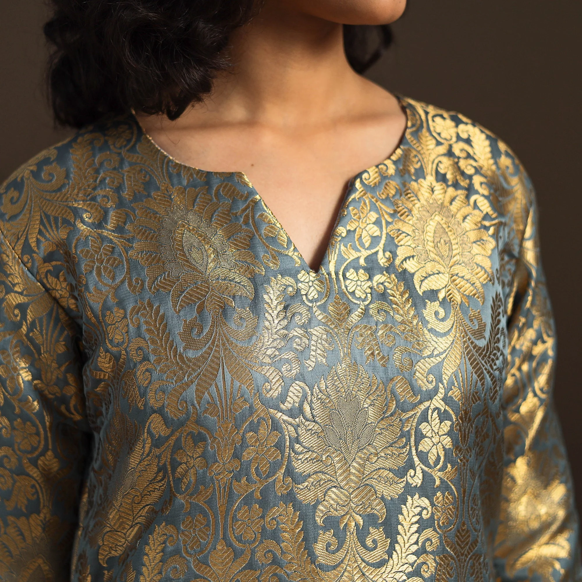 Grey - Brocade Silk A-Line Banarasi Kurta 05 - Image 4