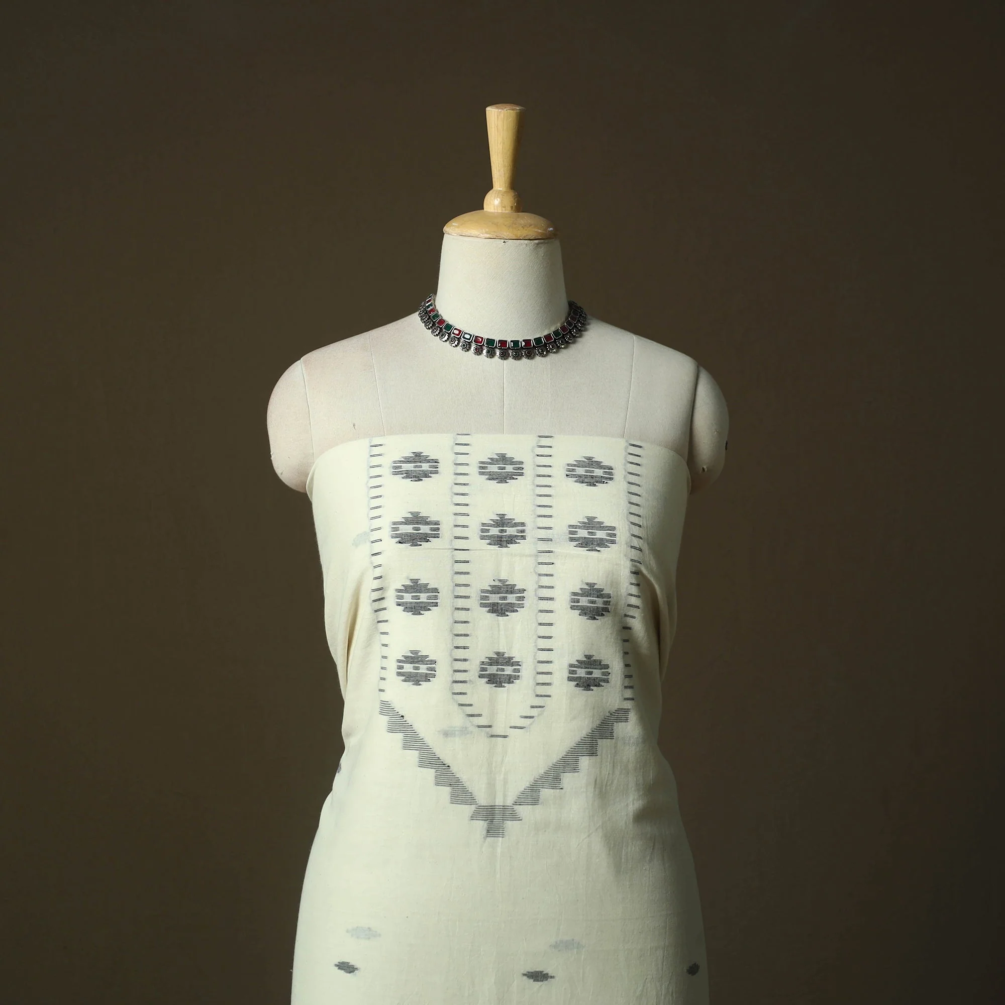 White - Burdwan Jamdani Handloom Cotton 2pc Unstitched Dress Material 24 - Image 2