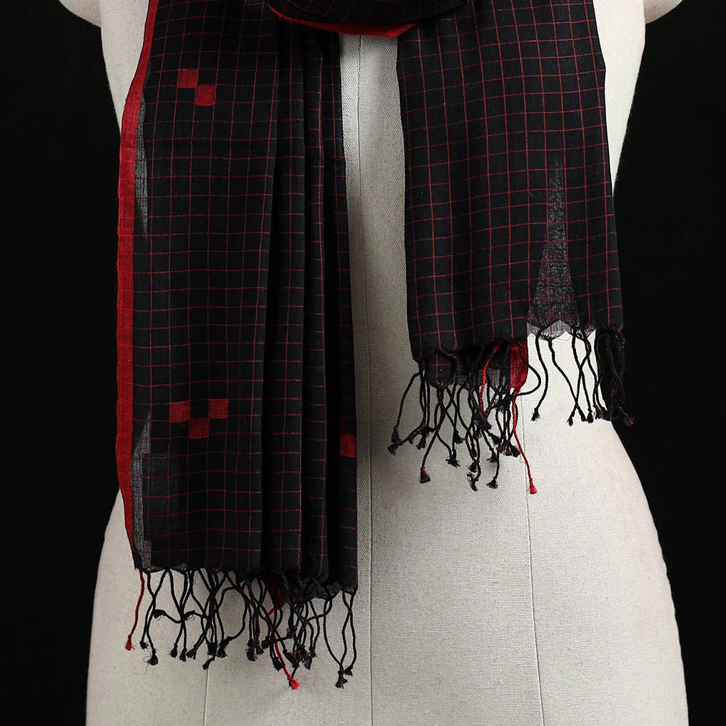 Black - Burdwan Jamdani Handloom Cotton Stole with Tassels 11 - Image 2