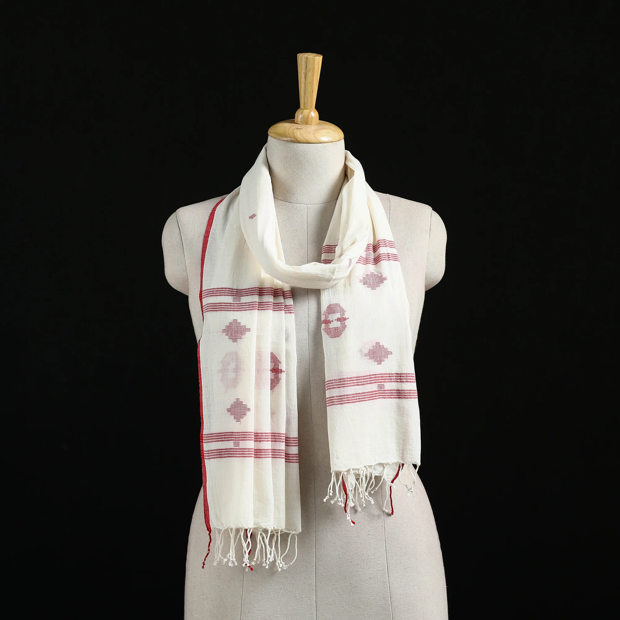 White - Burdwan Jamdani Handloom Cotton Stole with Tassels 12