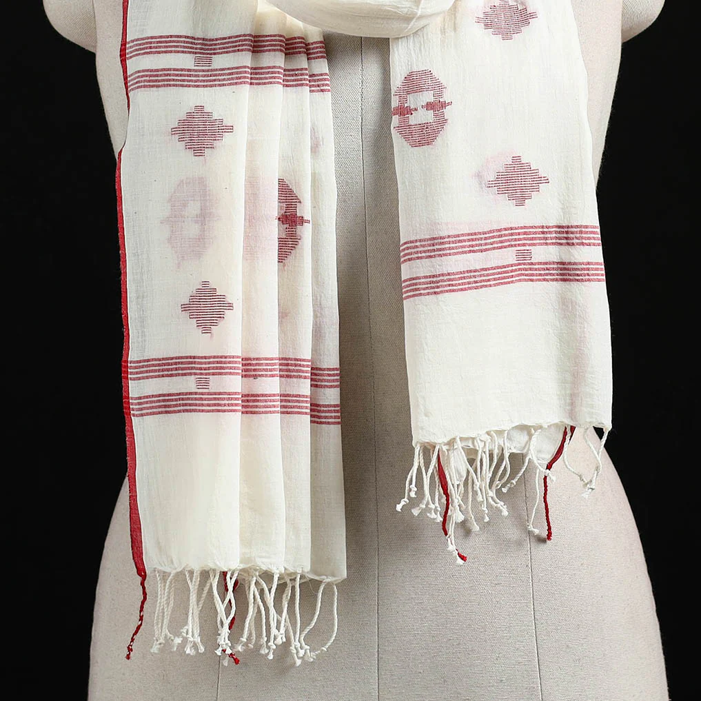 White - Burdwan Jamdani Handloom Cotton Stole with Tassels 12 - Image 2
