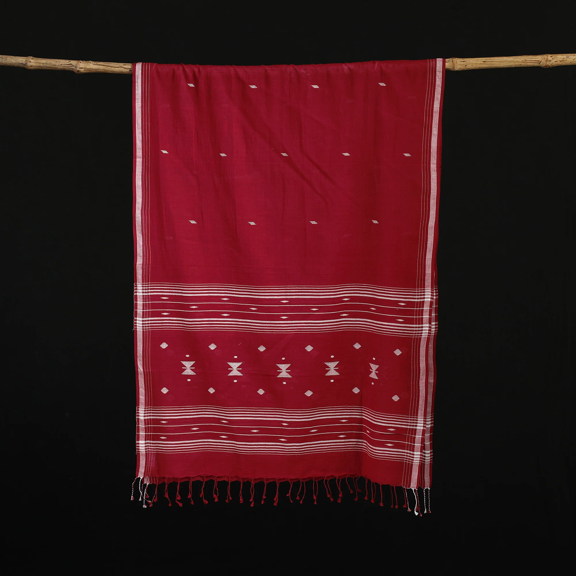 Maroon - Burdwan Jamdani Handloom Cotton Stole with Tassels 14 - Image 3